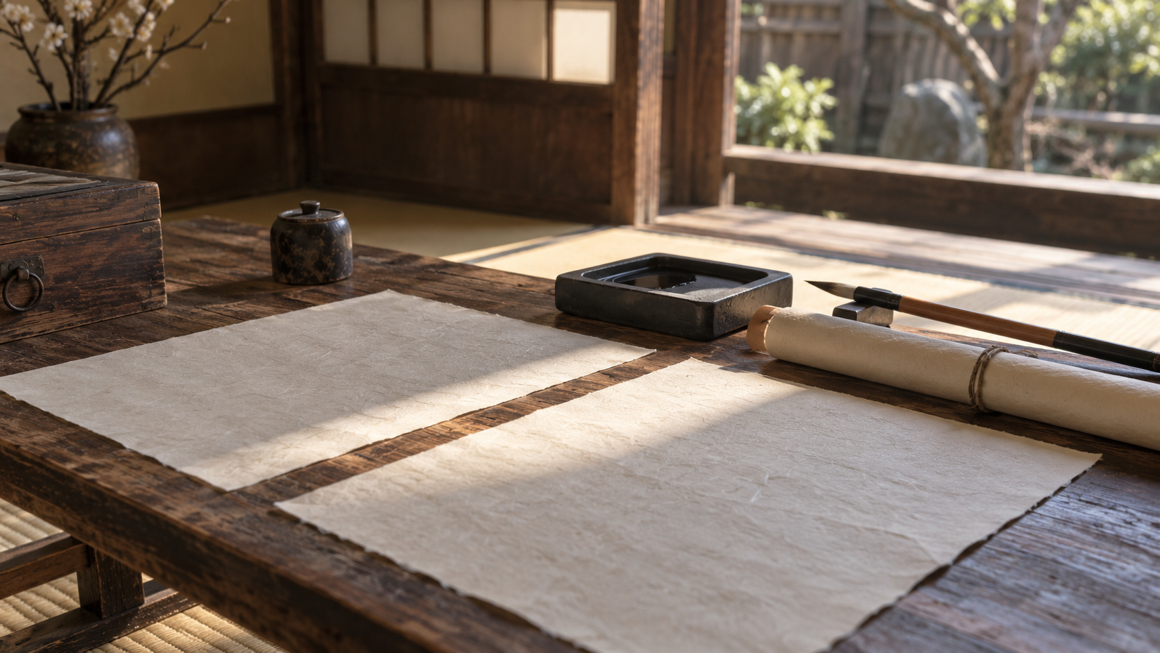 書簡を考えるための文字のない紙と硯の概念情景