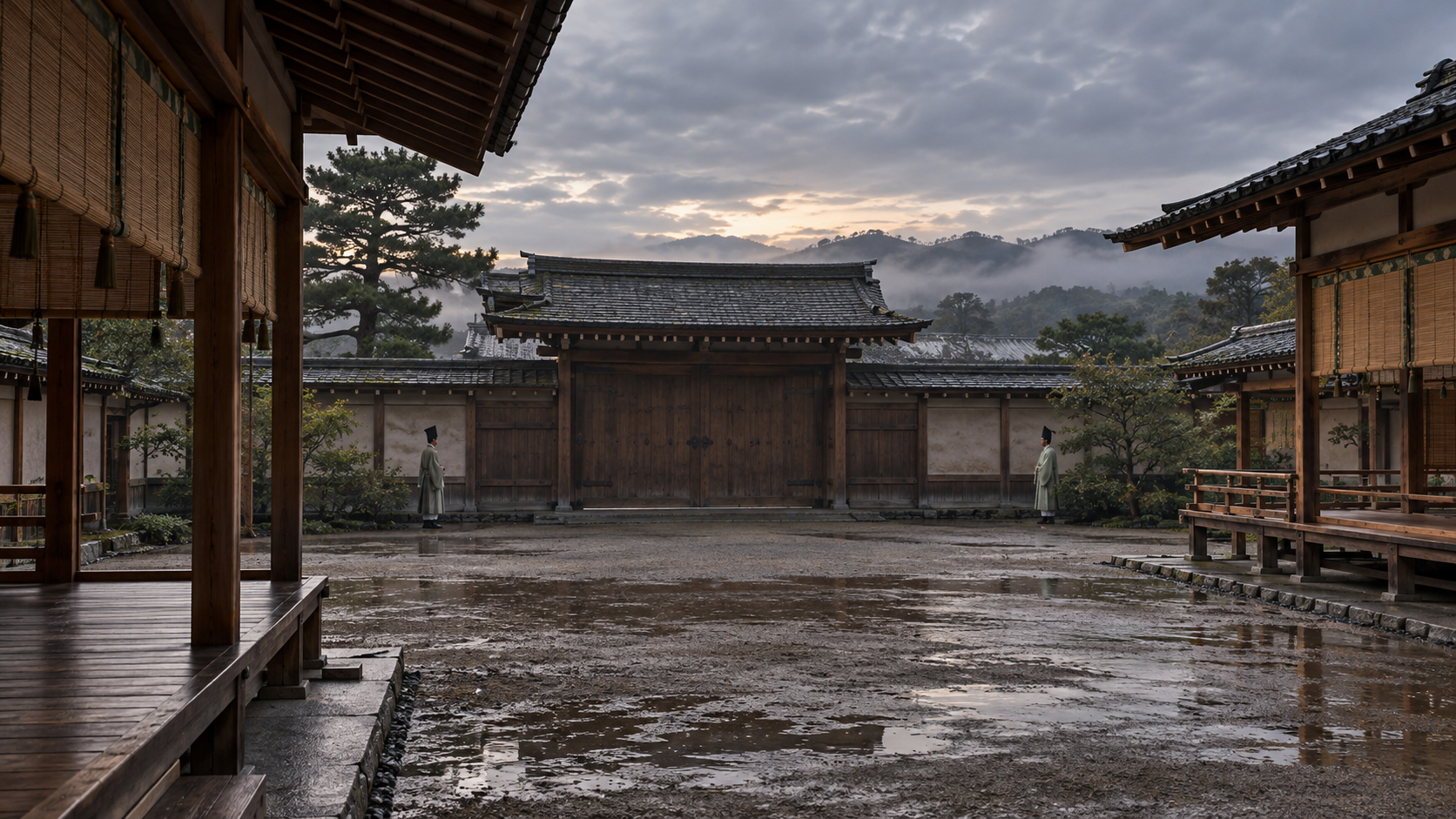 濡れた広い土の庭と木造の門、遠くの匿名人物の創作景観