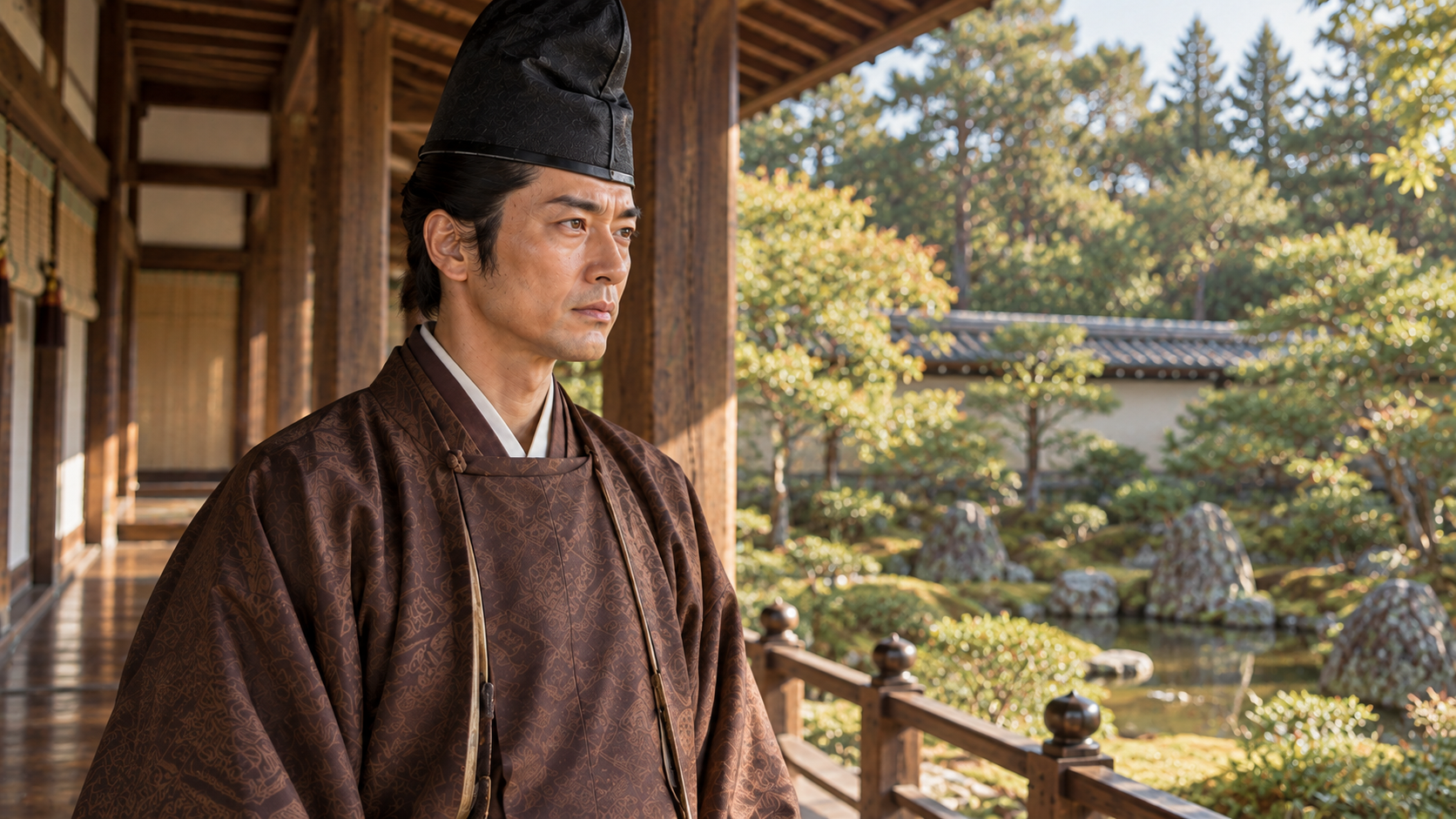 木造の縁で烏帽子と褐色の衣を着けて立つ匿名男性の創作情景