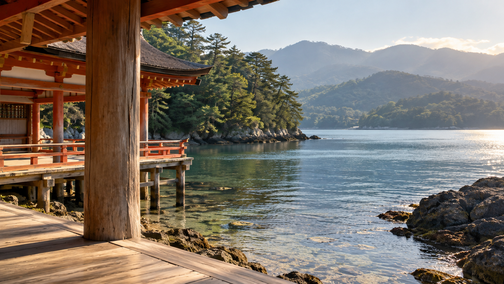 森林と海に面した朱色部分のある木造建物の創作景観