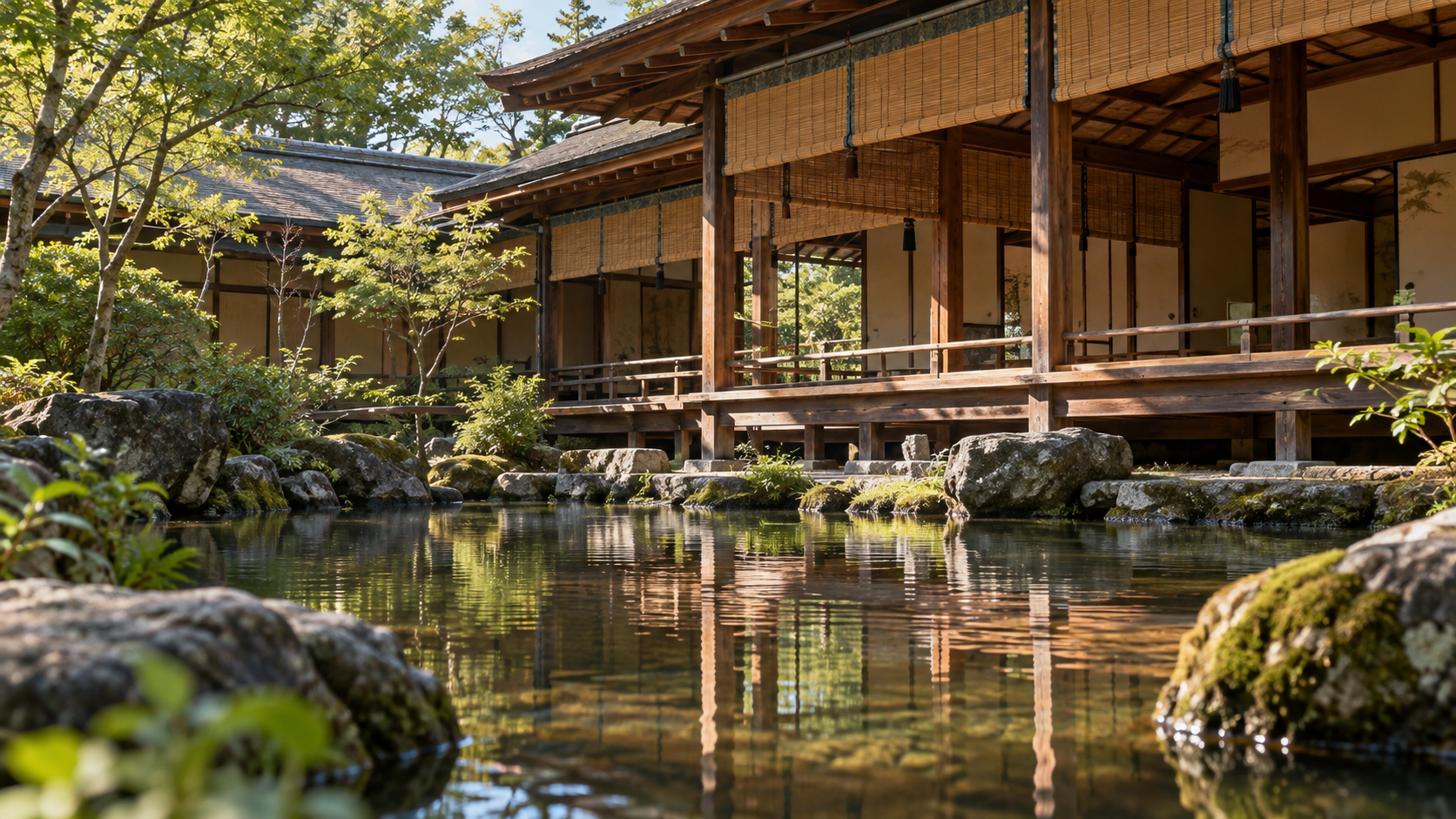 園池越しに木造の住居と縁側を眺める創作景観