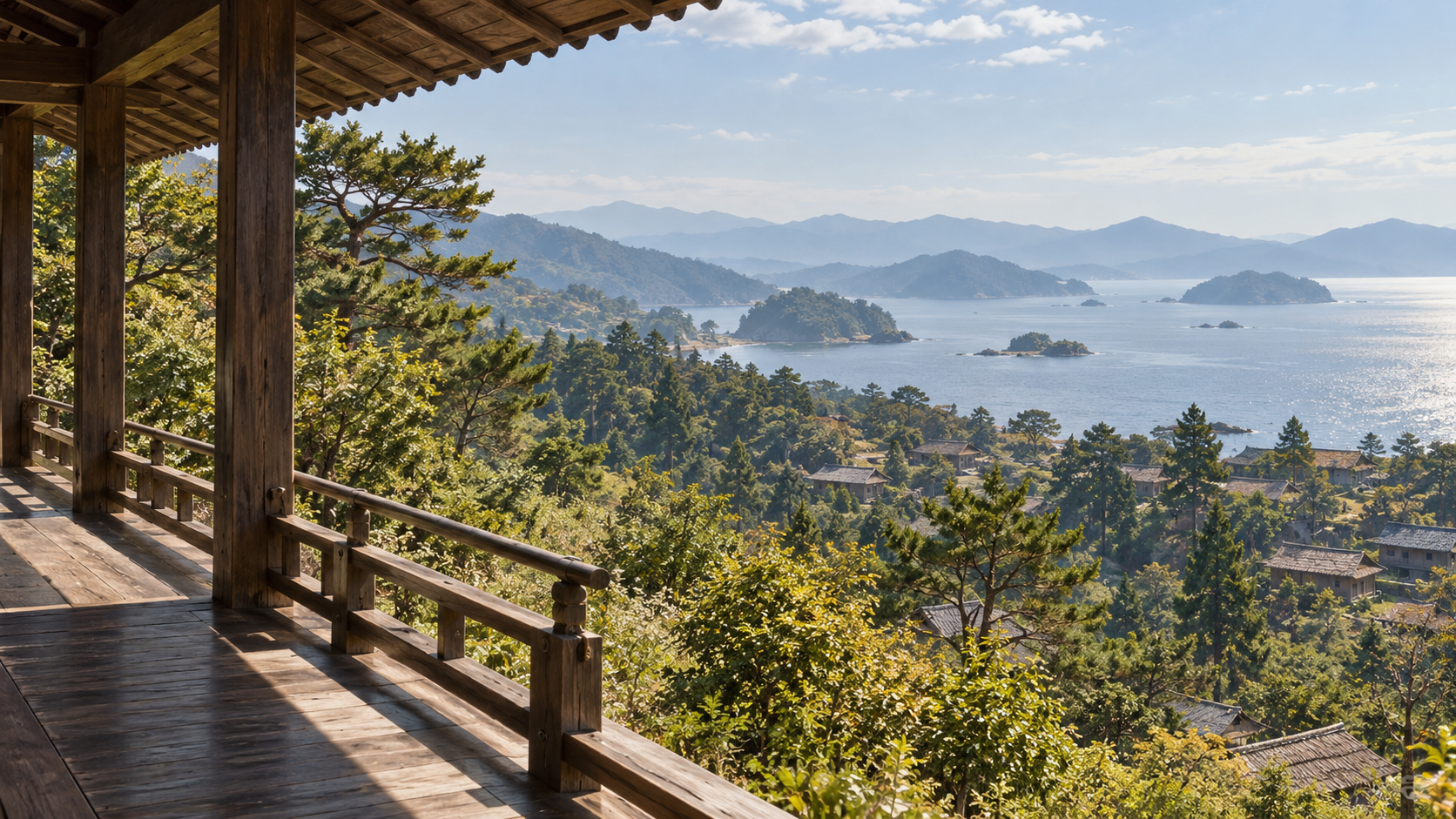 木造の縁側から森林と少数の屋根、海を望む創作景観