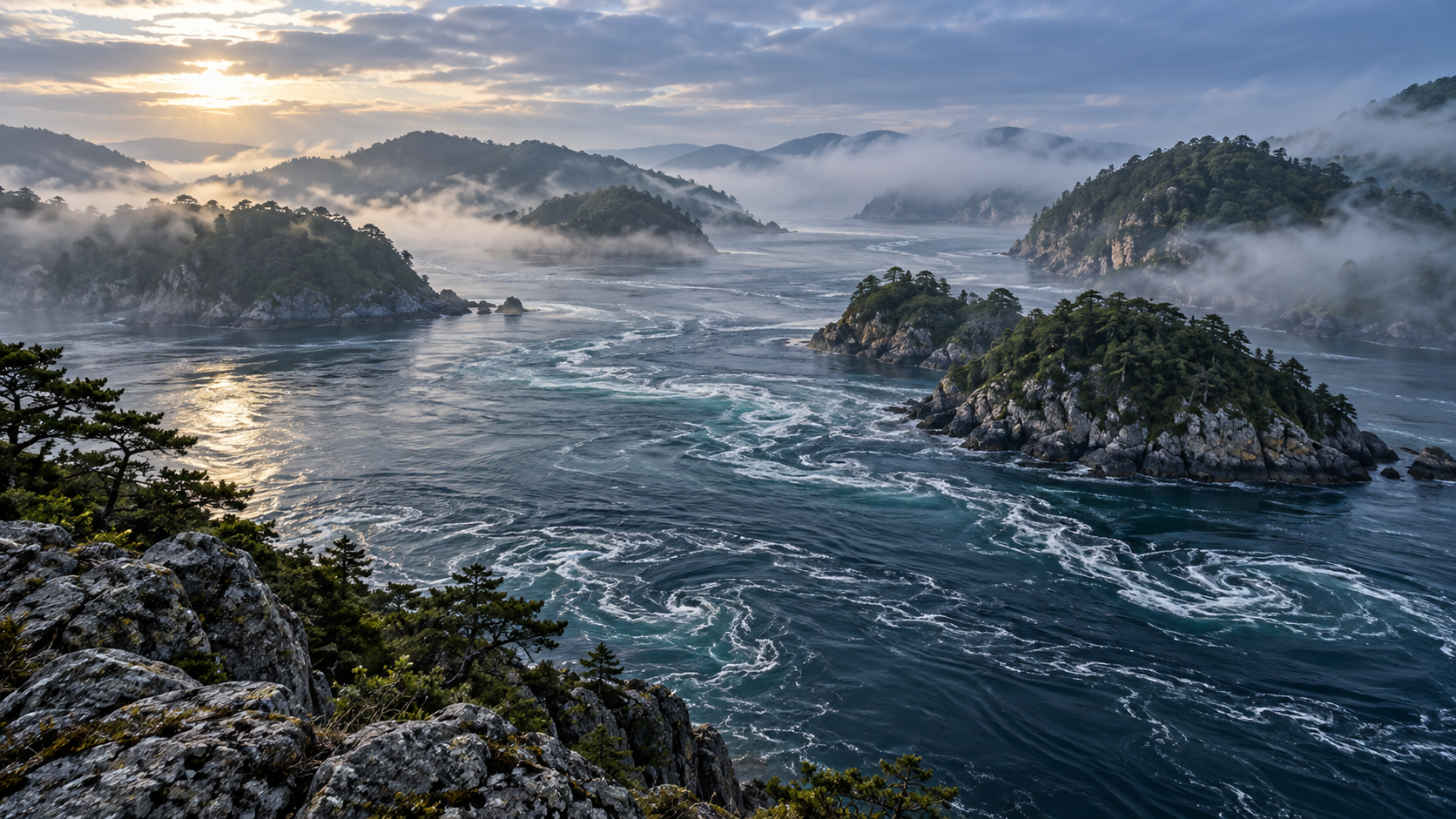 海峡を流れる水と遠い岸を描いた概念風景