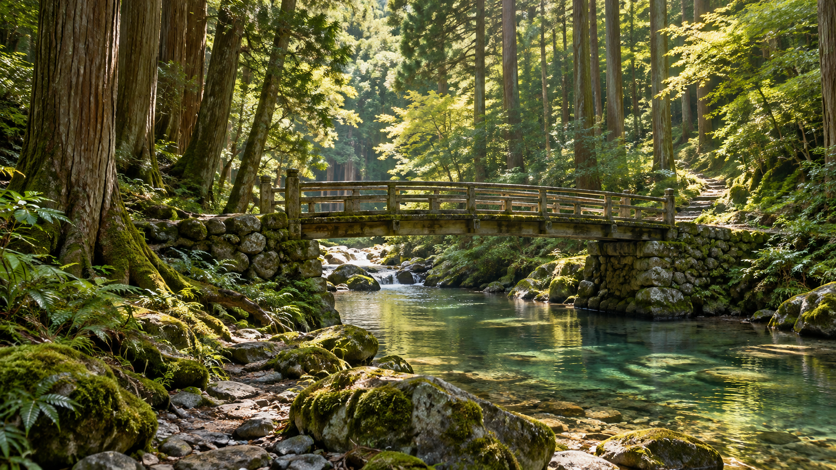 木々と小さな木橋を描いた軍記の概念風景