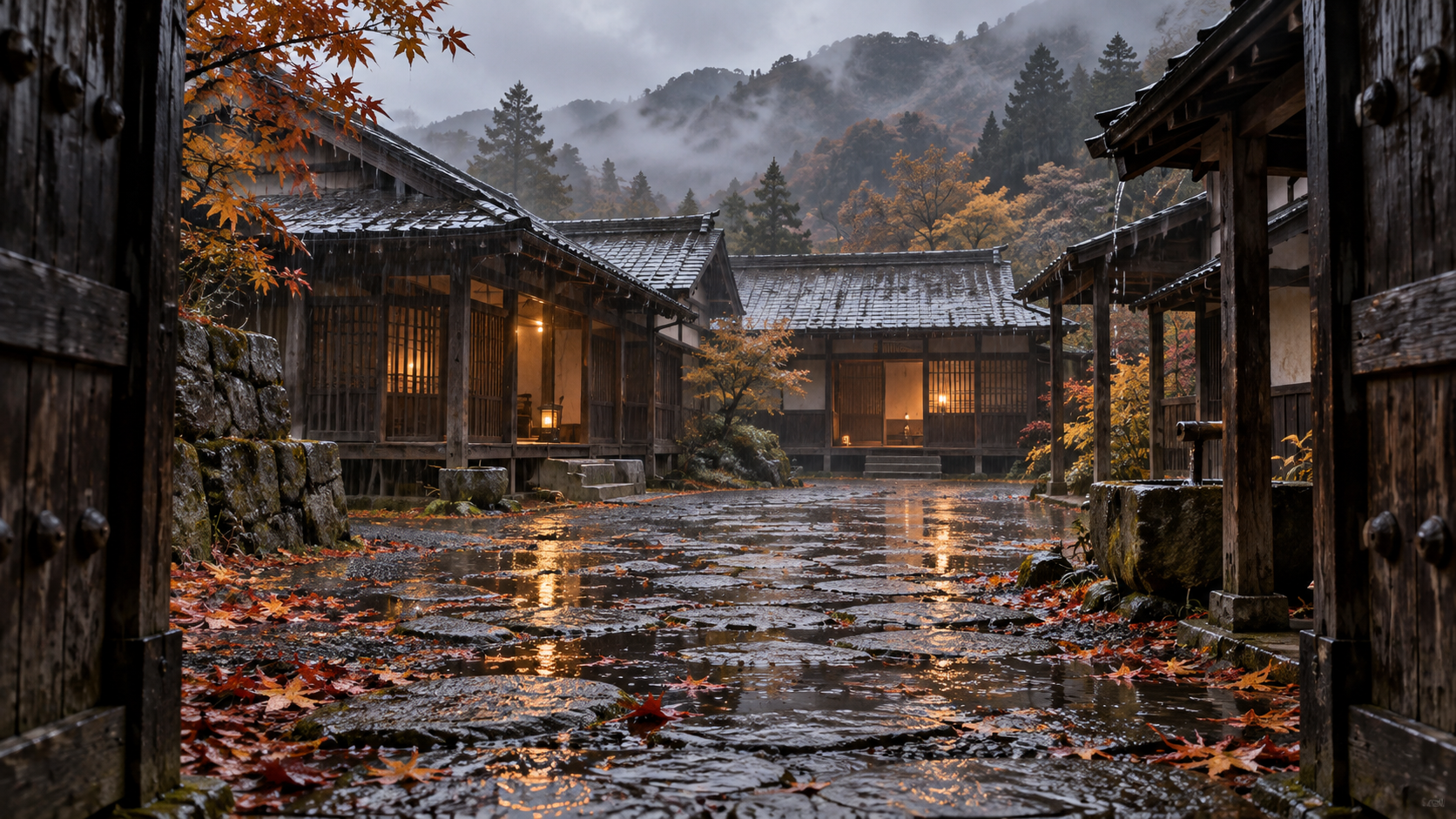 雨に濡れた無人の庭を描いた概念画像