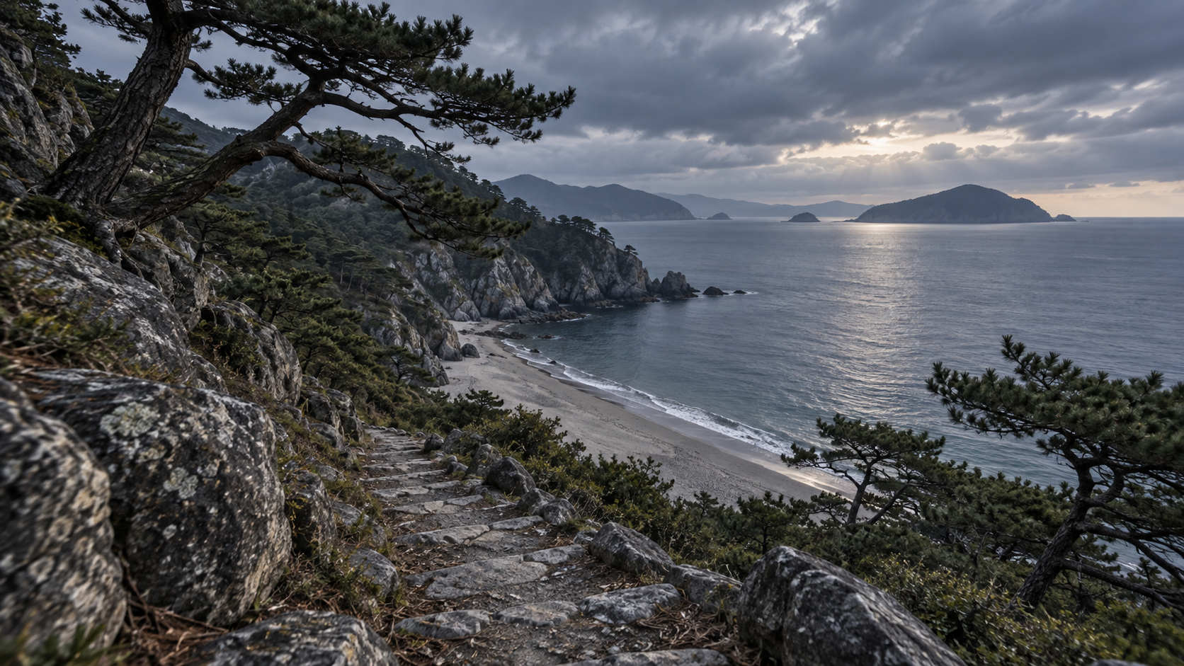 松のある海沿いの道を描いた概念風景