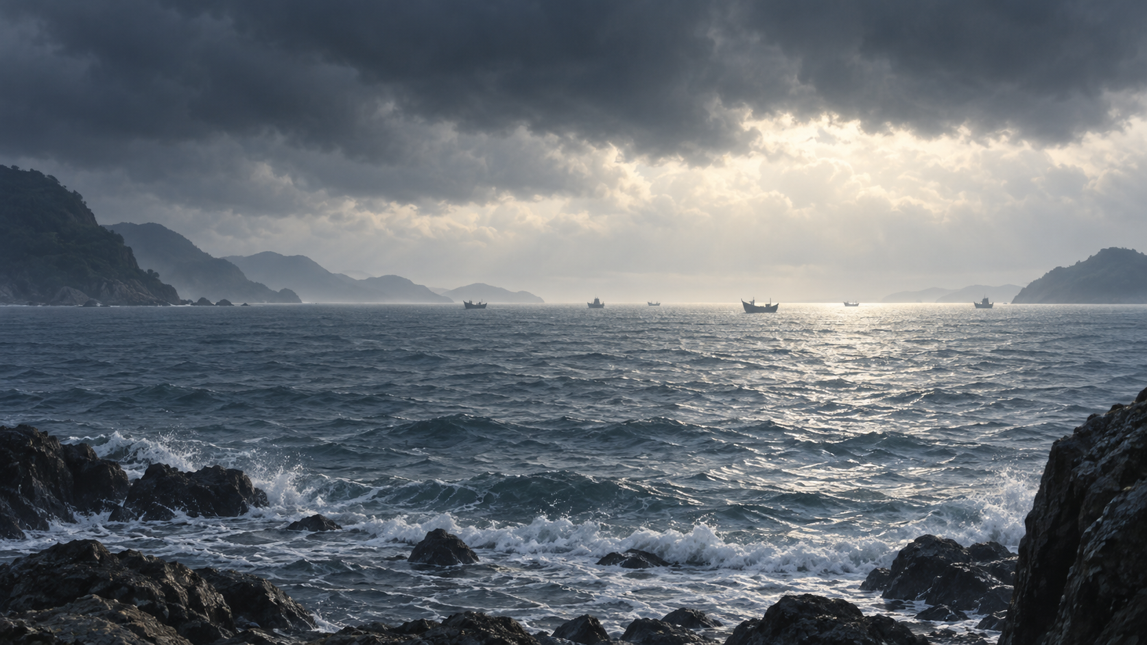 荒れた海と遠い船影を描いた軍記の再構成画像