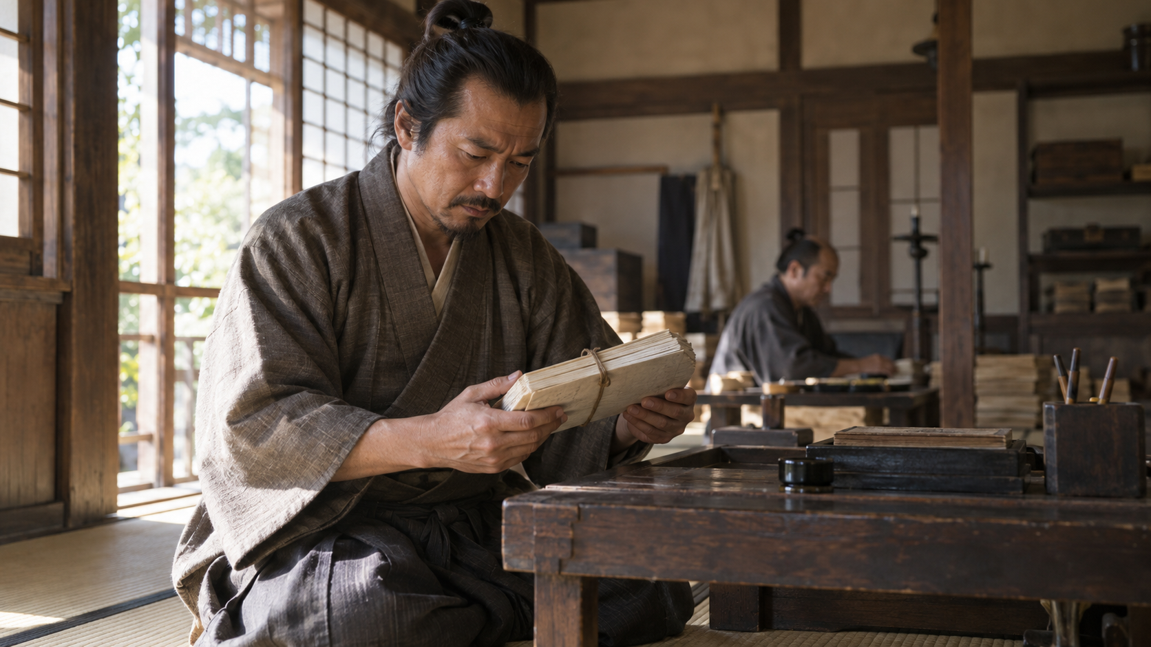 文書を整理する架空の領国の実務者。武田勝頼本人の肖像ではない