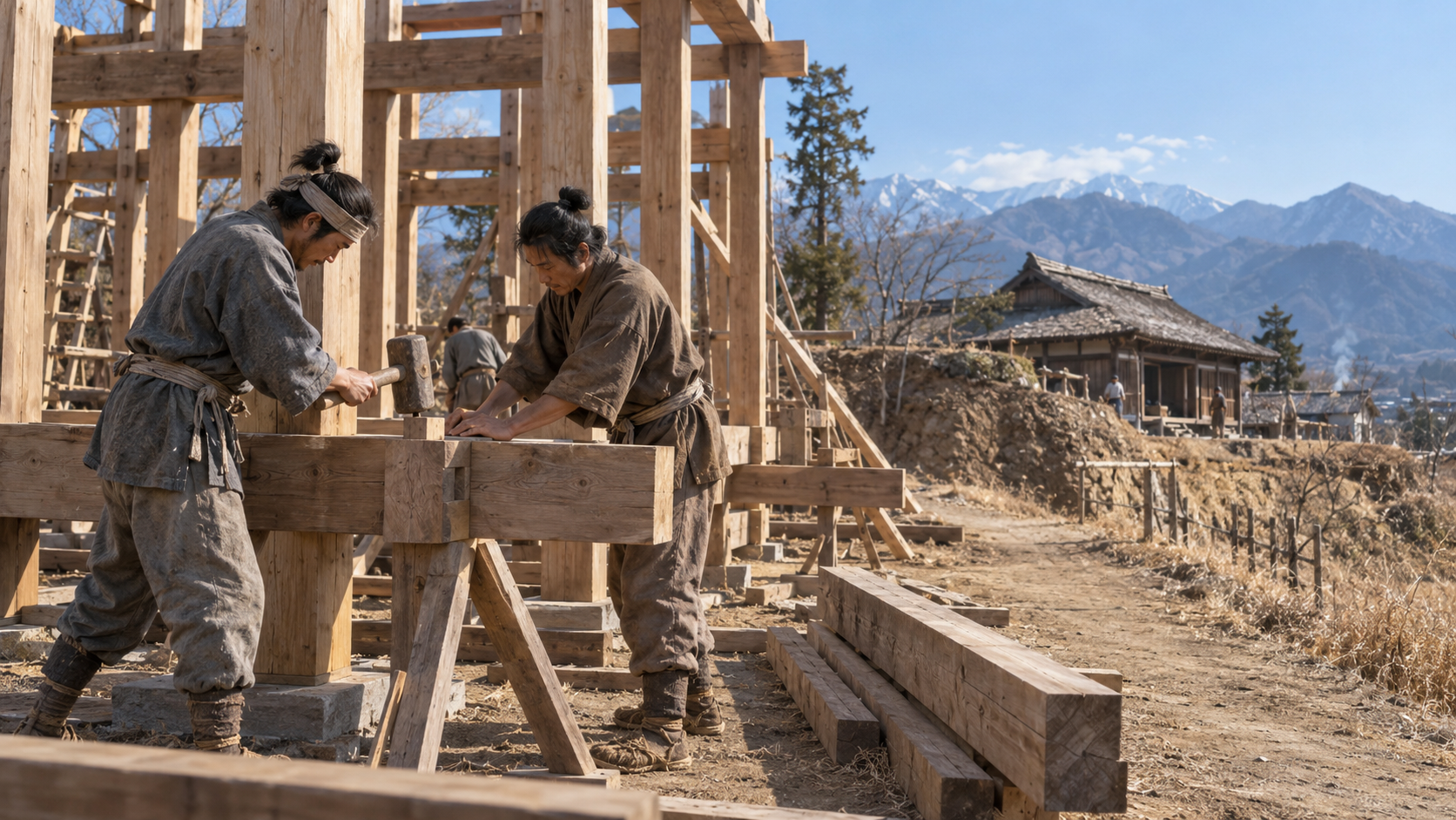 未完成の城の建築を想像した架空の職人たち
