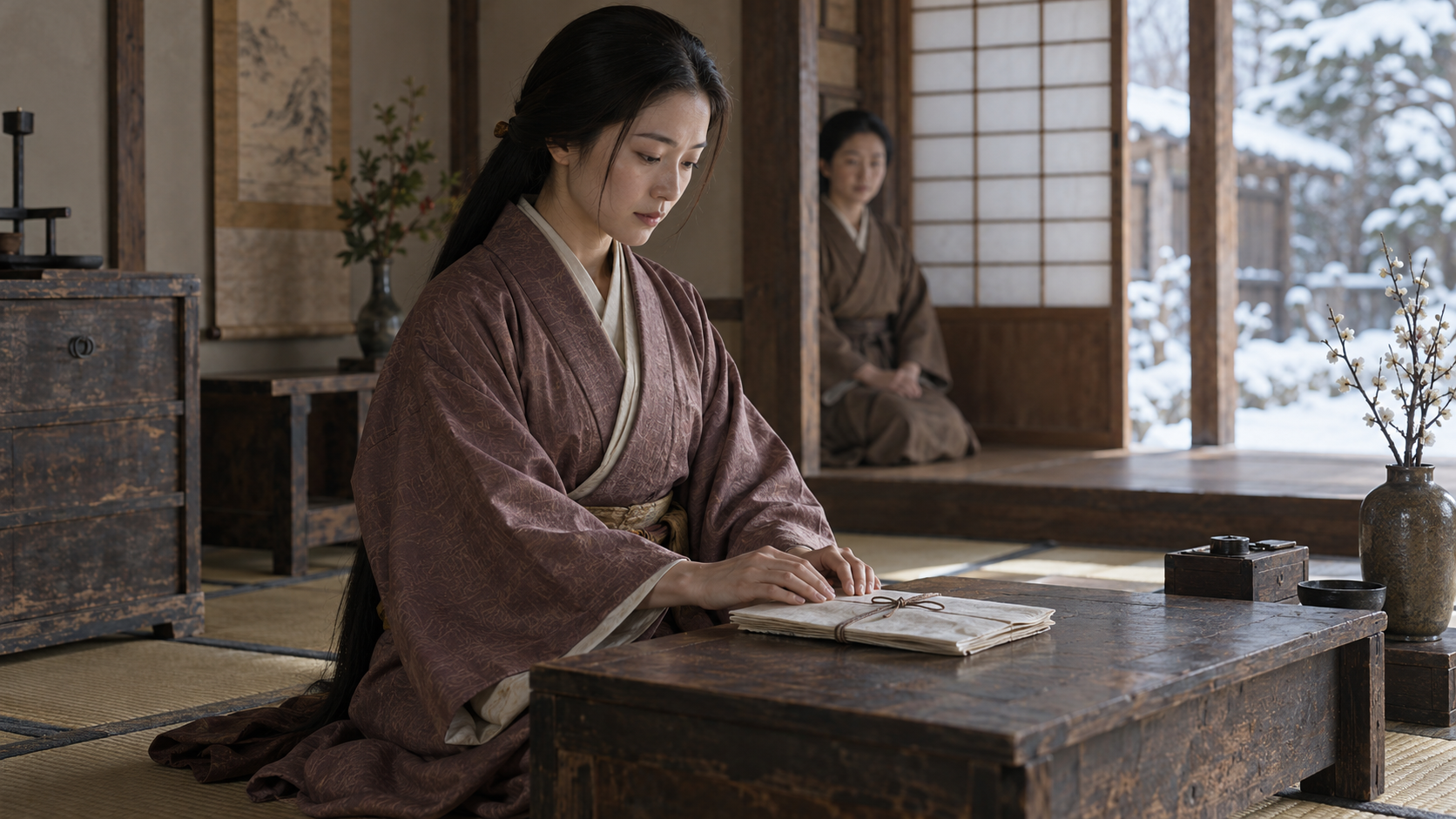 祈願文の時期を想像した架空の人物と紙。夫人の真正な肖像や祈願文の複製ではない