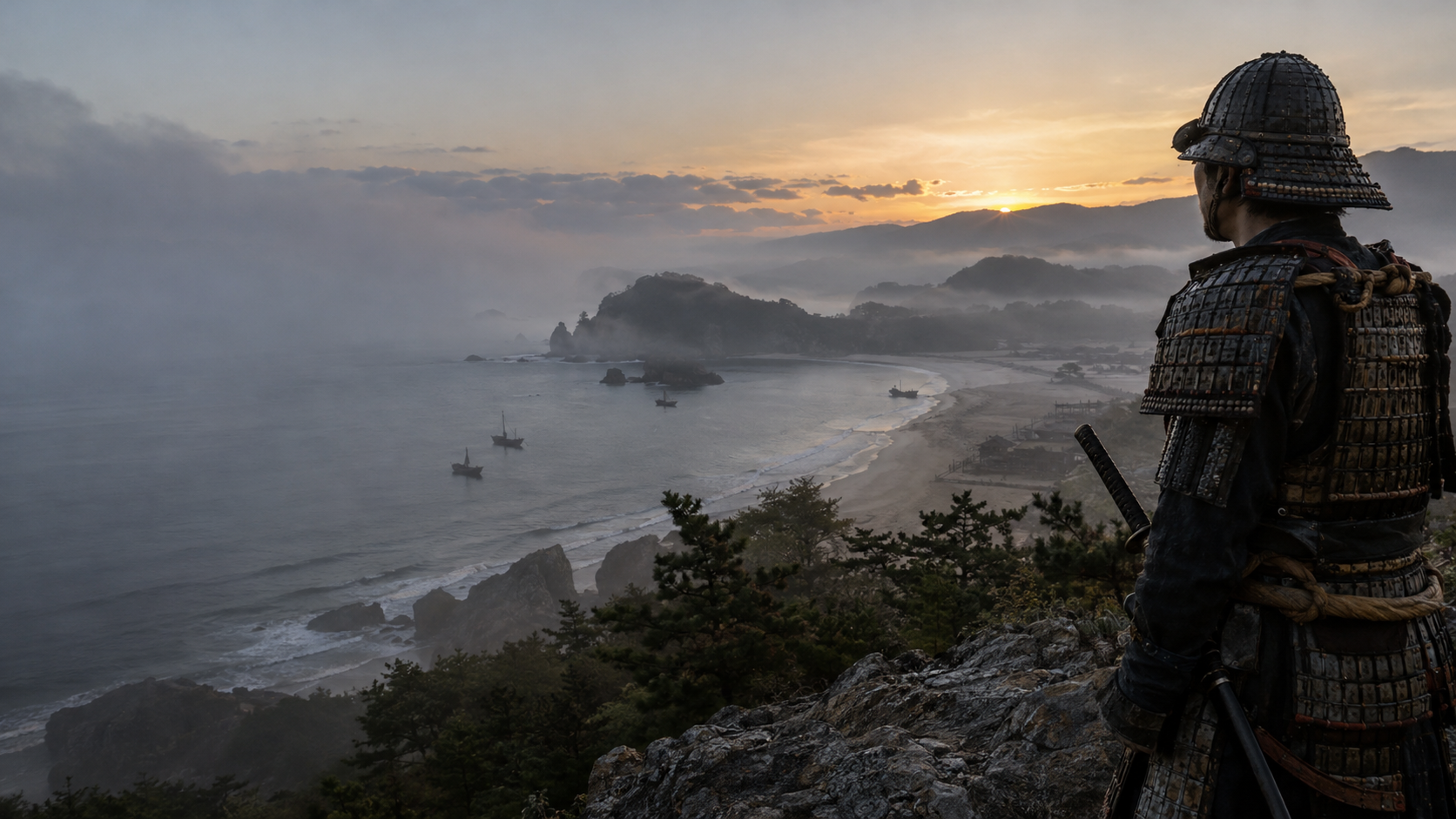 夕暮れの海岸を見渡す架空の甲冑姿の武士。季長の真正な肖像ではない