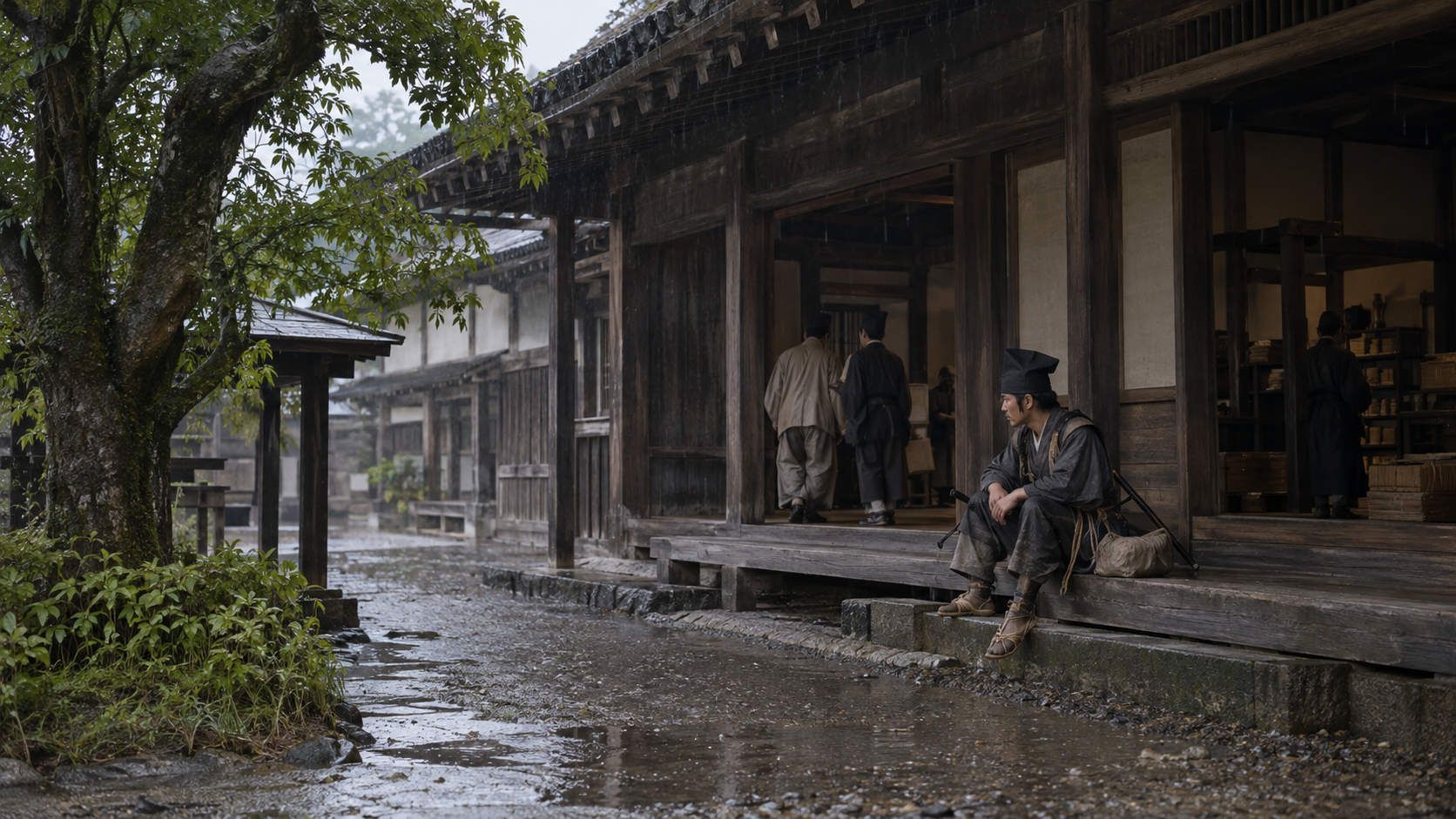 雨上がりの木造の門前で待つ架空の武士たち