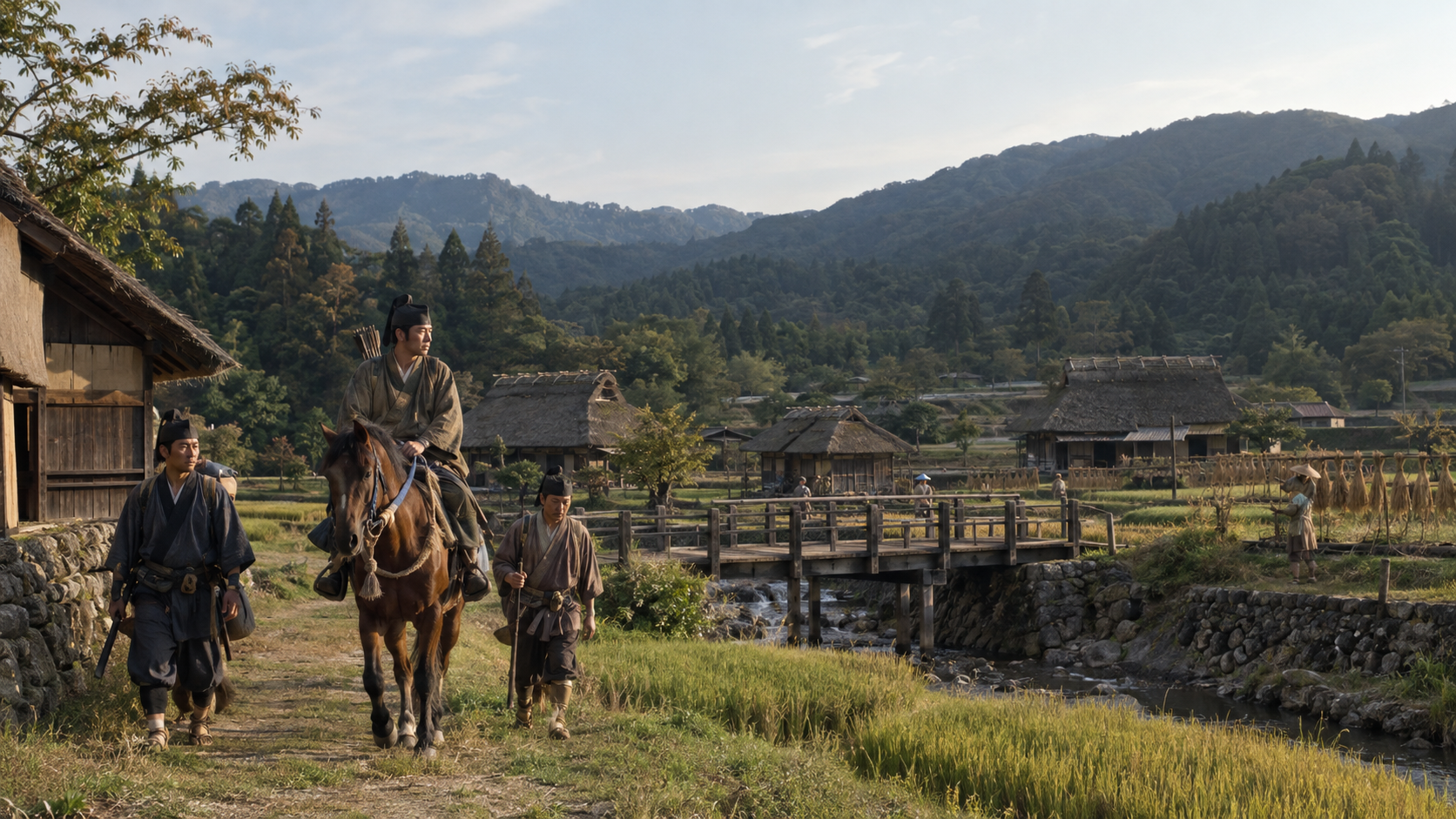 田畑と茅葺きの家の間を進む架空の騎馬武者と従者