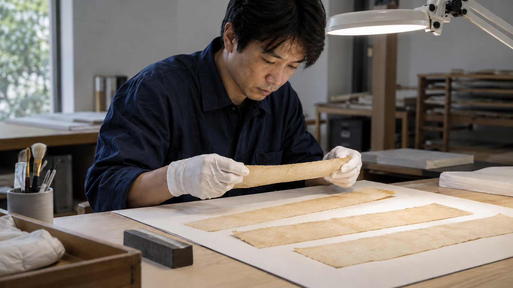 現代の保存作業を想像した創作画像。実在の絵巻や保存担当者の記録写真ではない