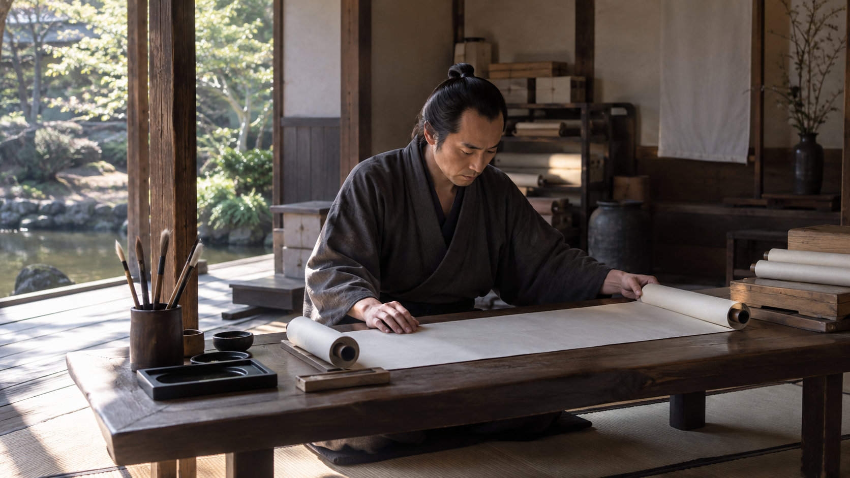 無地の巻物を机に広げる江戸時代の写し手を想像した創作画像