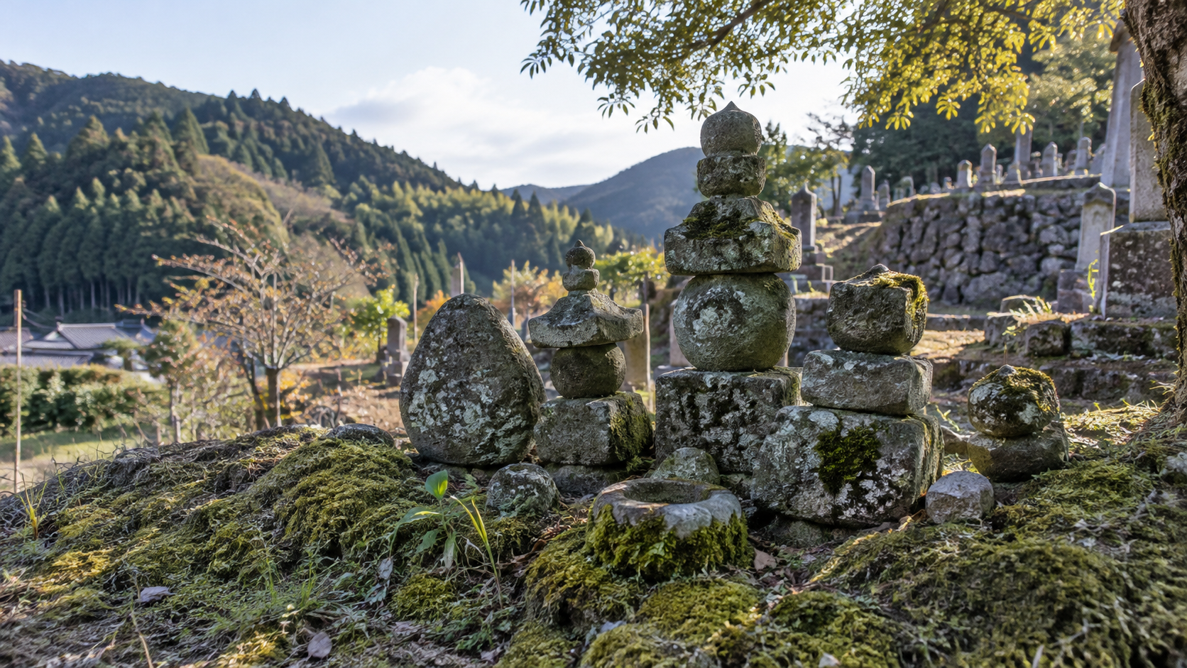 架空の五輪塔と石の残欠。竹崎季長の実在の墓の写真ではない