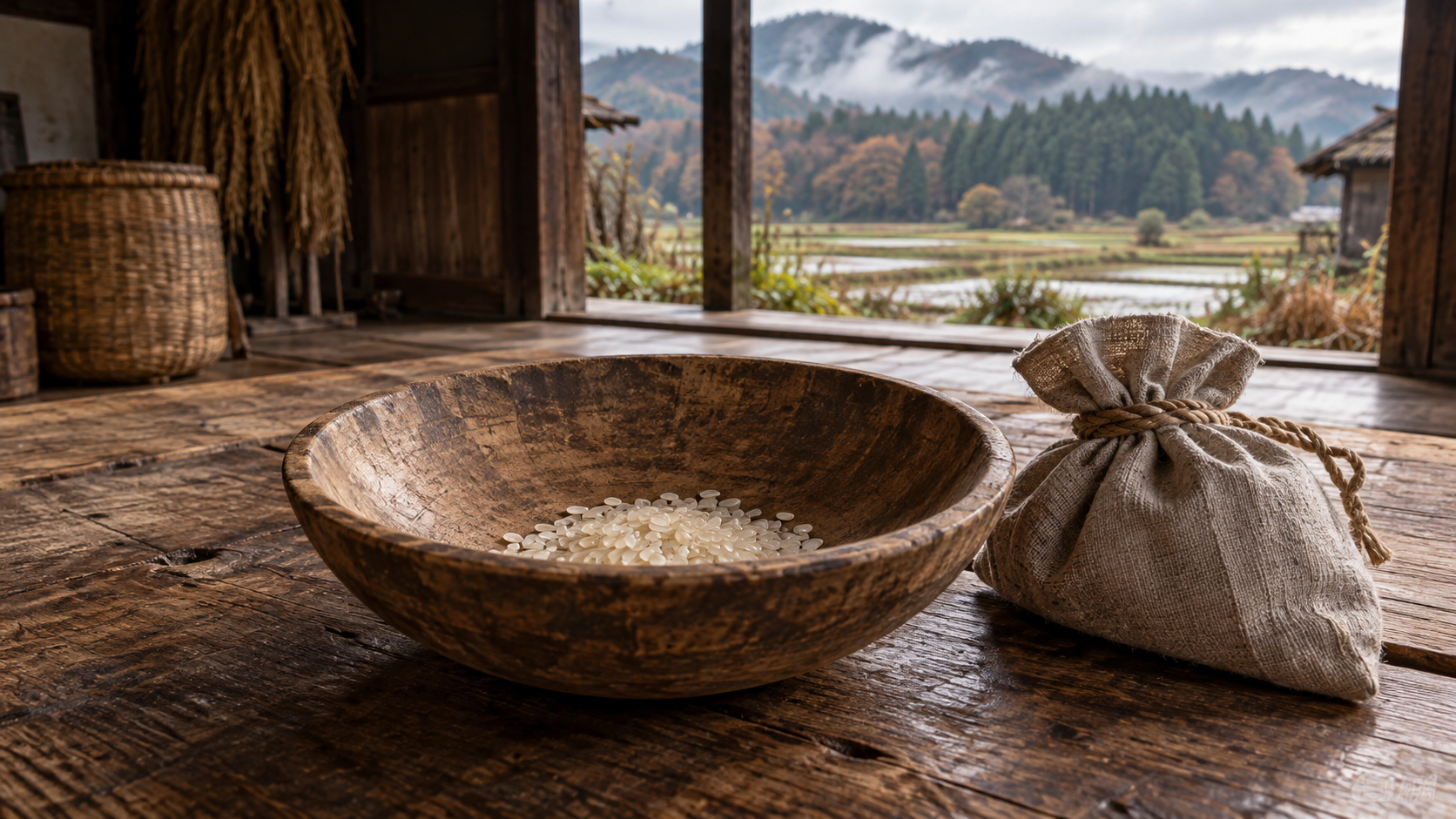 A wooden bowl with a small amount of rice, a cloth bag and fields beyond an imagined doorway.