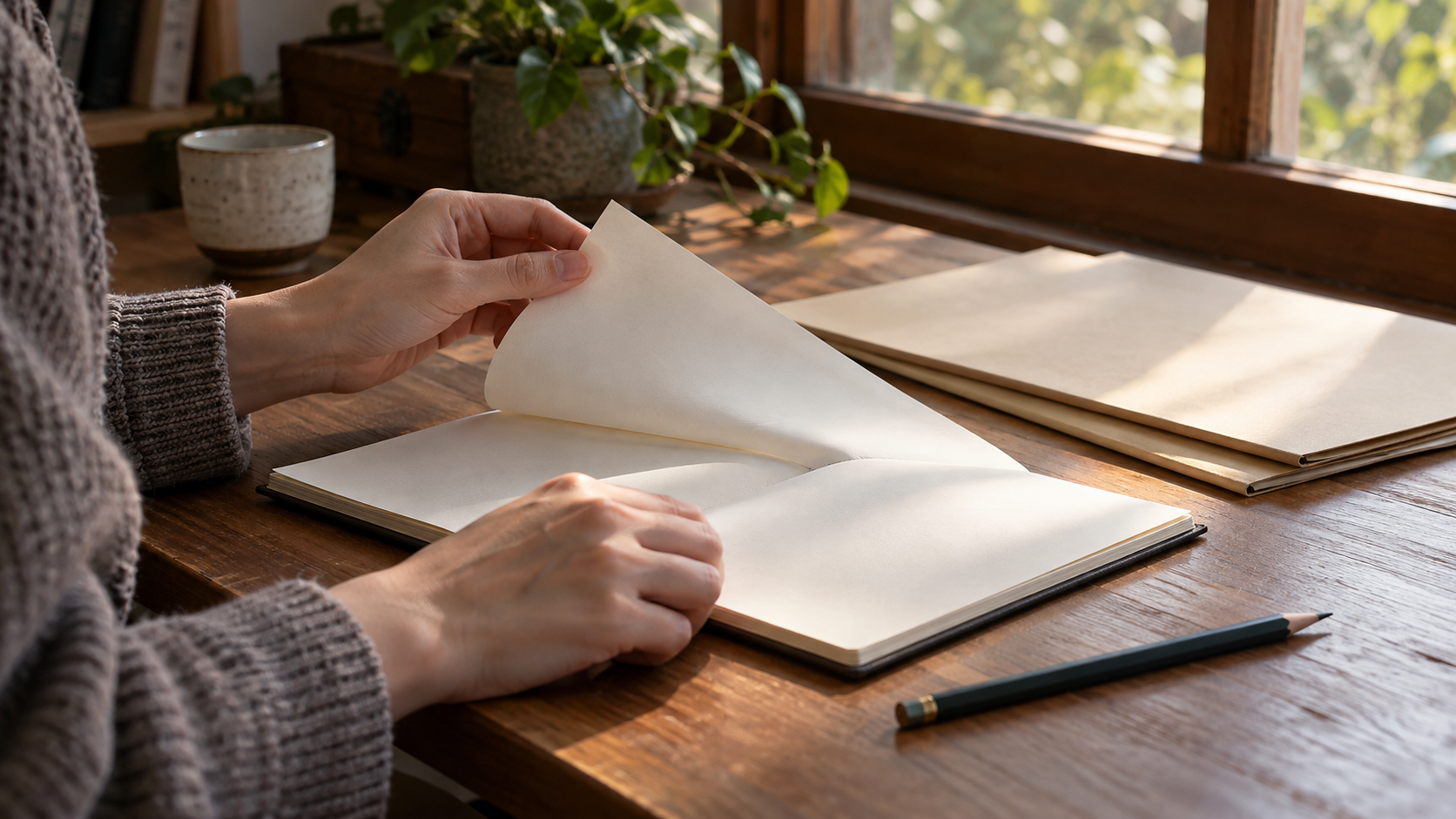 Hands turning the pages of a blank notebook on a modern desk.