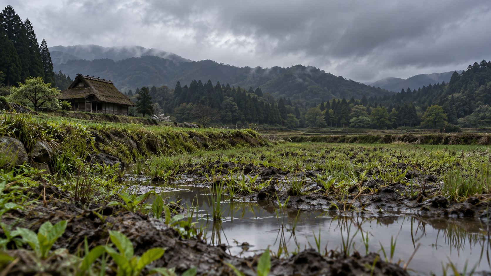 An imagined field and thatched houses beneath a cloudy sky.
