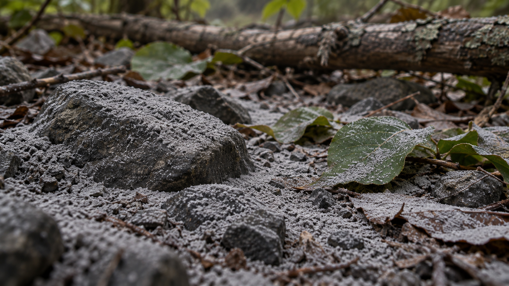 An explanatory image of gray powder covering stones and leaves.