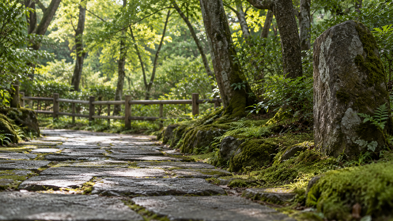 Stone steps and an uninscribed stone among trees in an imagined landscape.