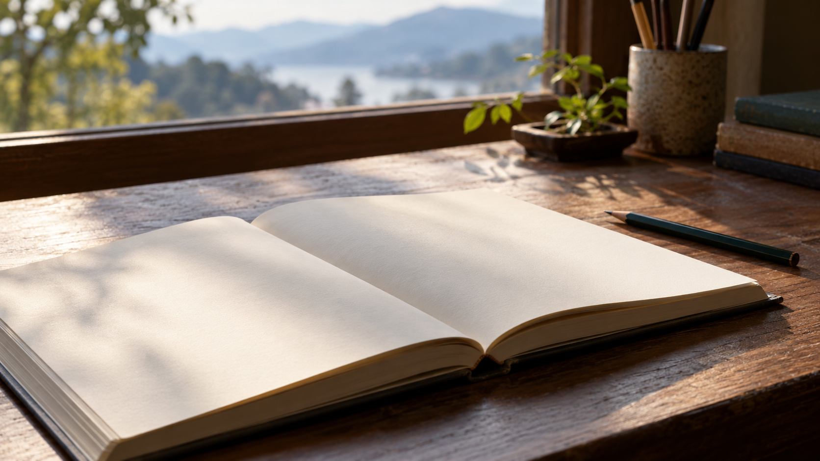 An open blank notebook on a desk beside a window.