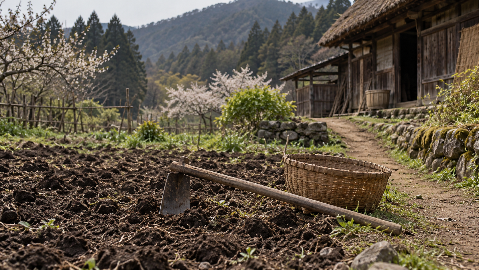 A hoe and basket on the ground beside an imagined house.