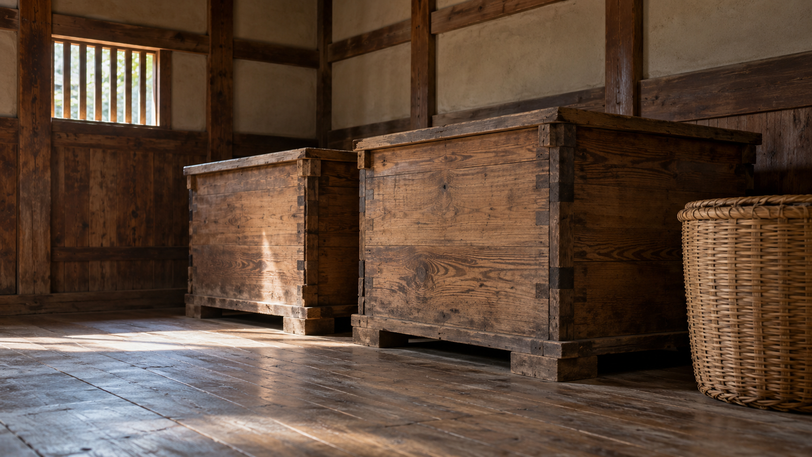 Storage chests and baskets inside an imagined wooden building.