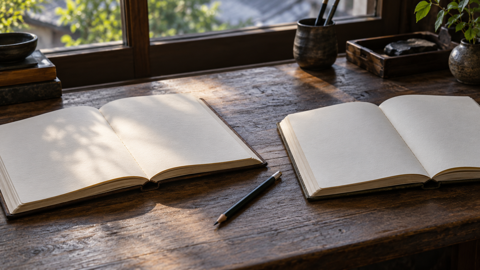 Two blank notebooks placed beside one another on a modern desk.