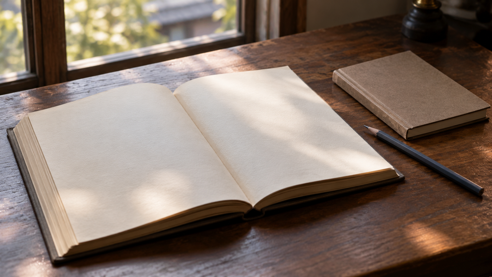 A blank notebook and an unmarked book on a modern desk.