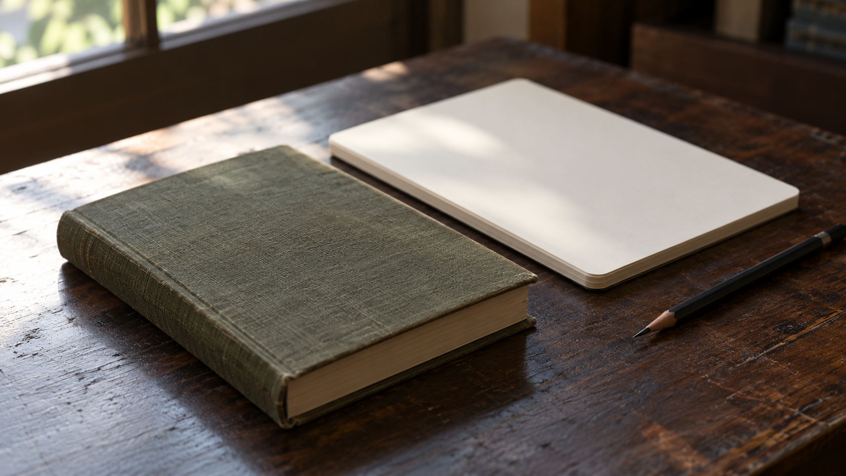 Unmarked books and a blank notebook arranged as explanatory props.