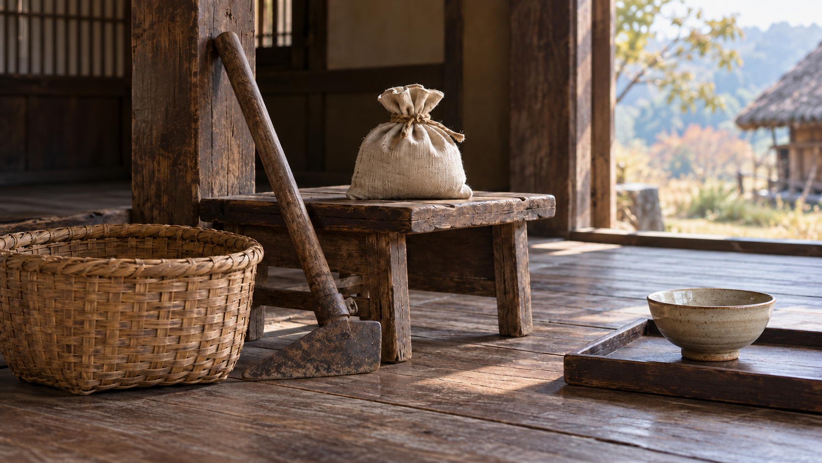 A hoe, basket, cloth bag and bowl at the doorway of an imagined wooden house.