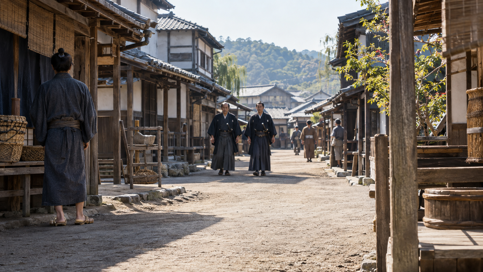 Imagined anonymous officials walking beside townspeople in a timber-built street