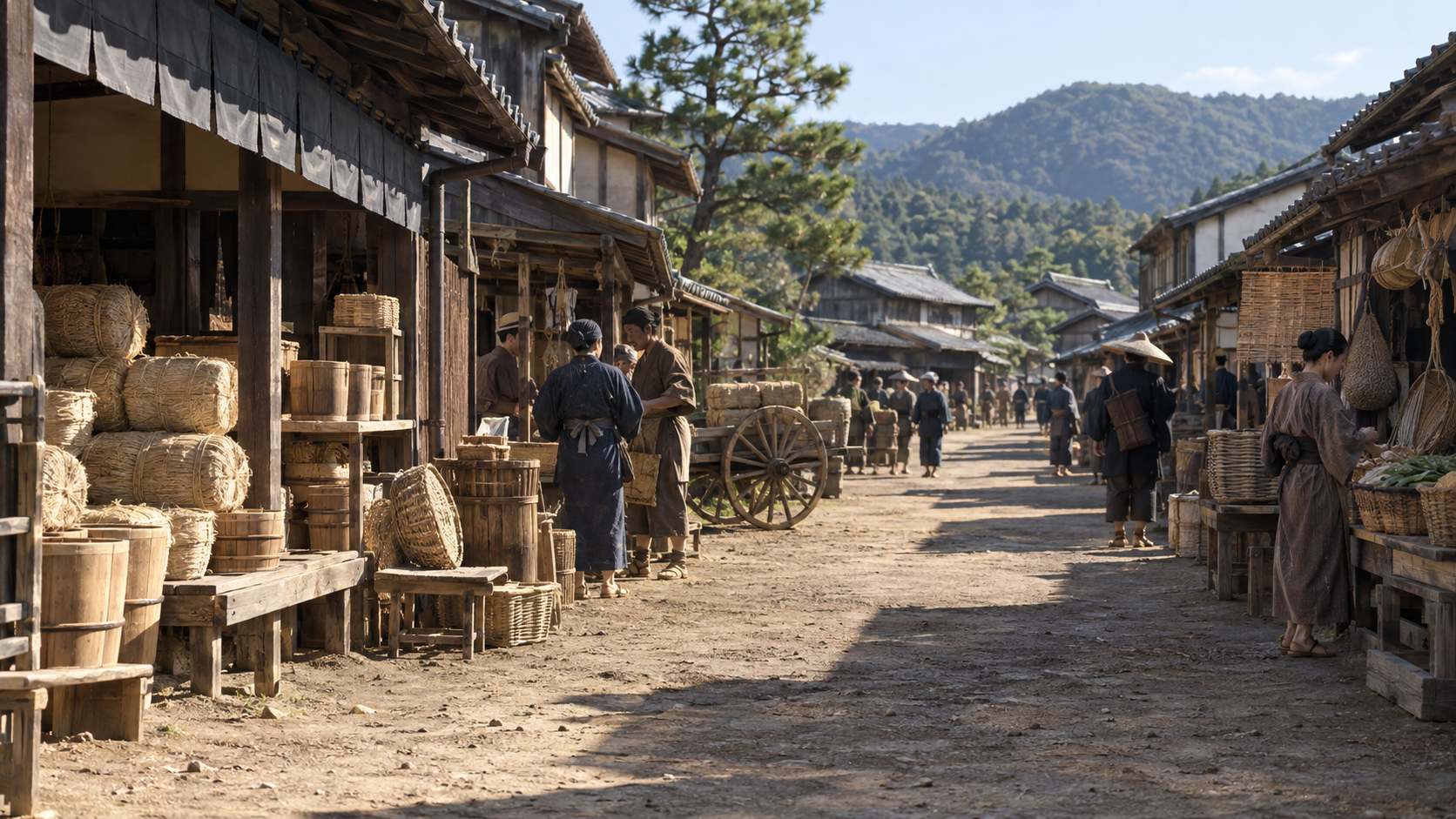 Imagined timber shops with bales, tubs and passing townspeople