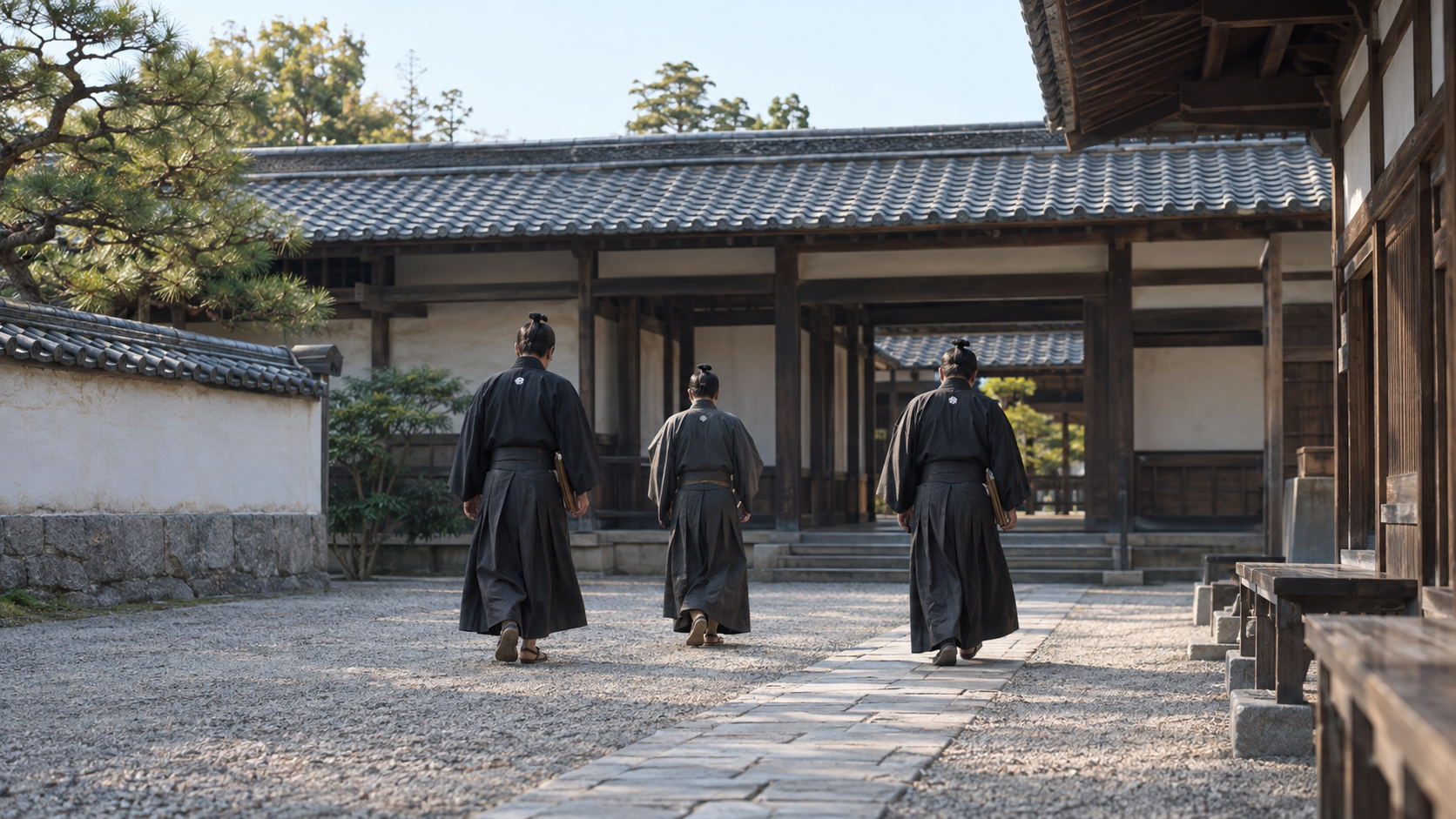 Imagined anonymous officials walking through the courtyard of an administrative building