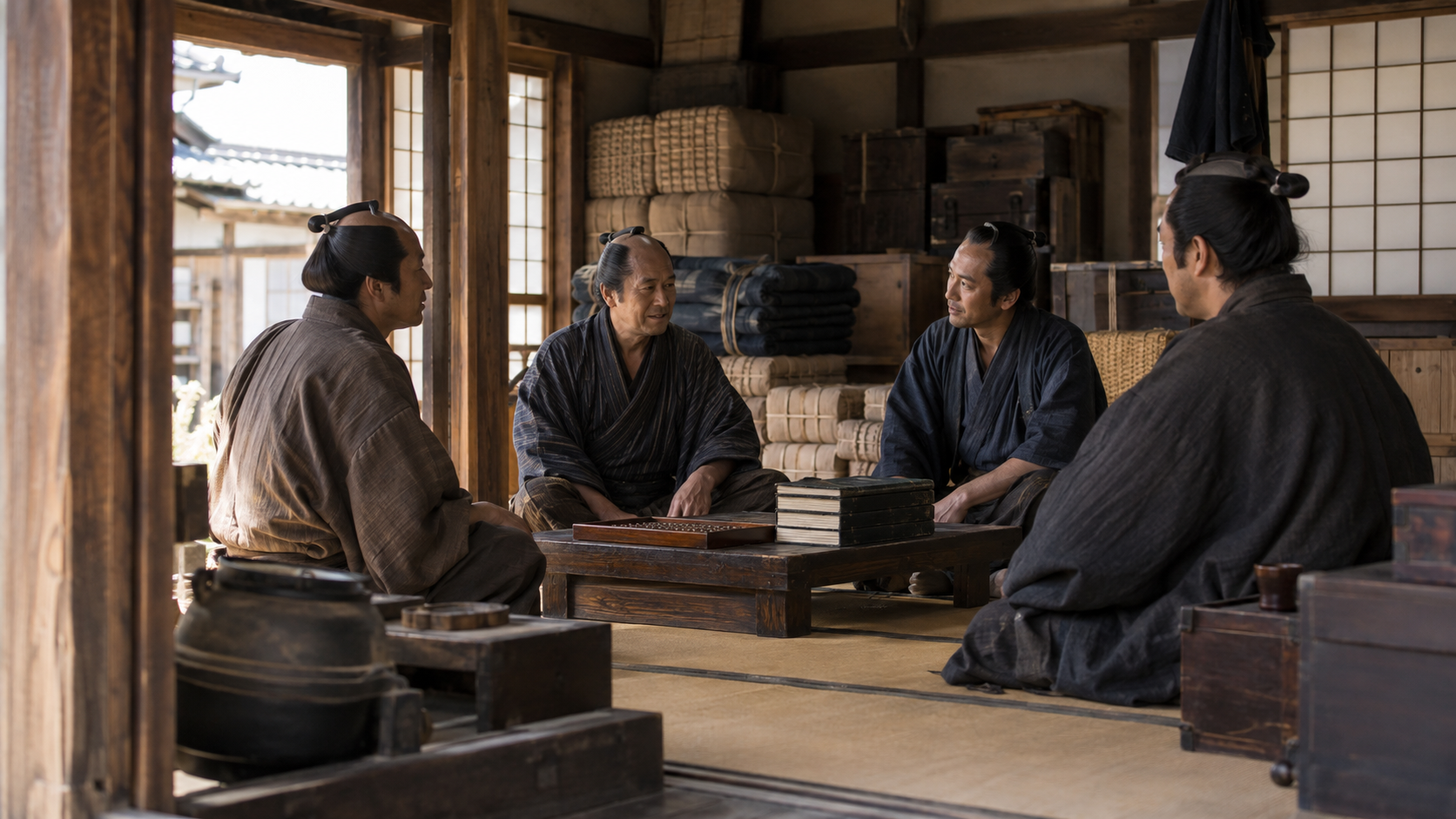 Imagined anonymous merchants seated around a ledger in a storehouse room