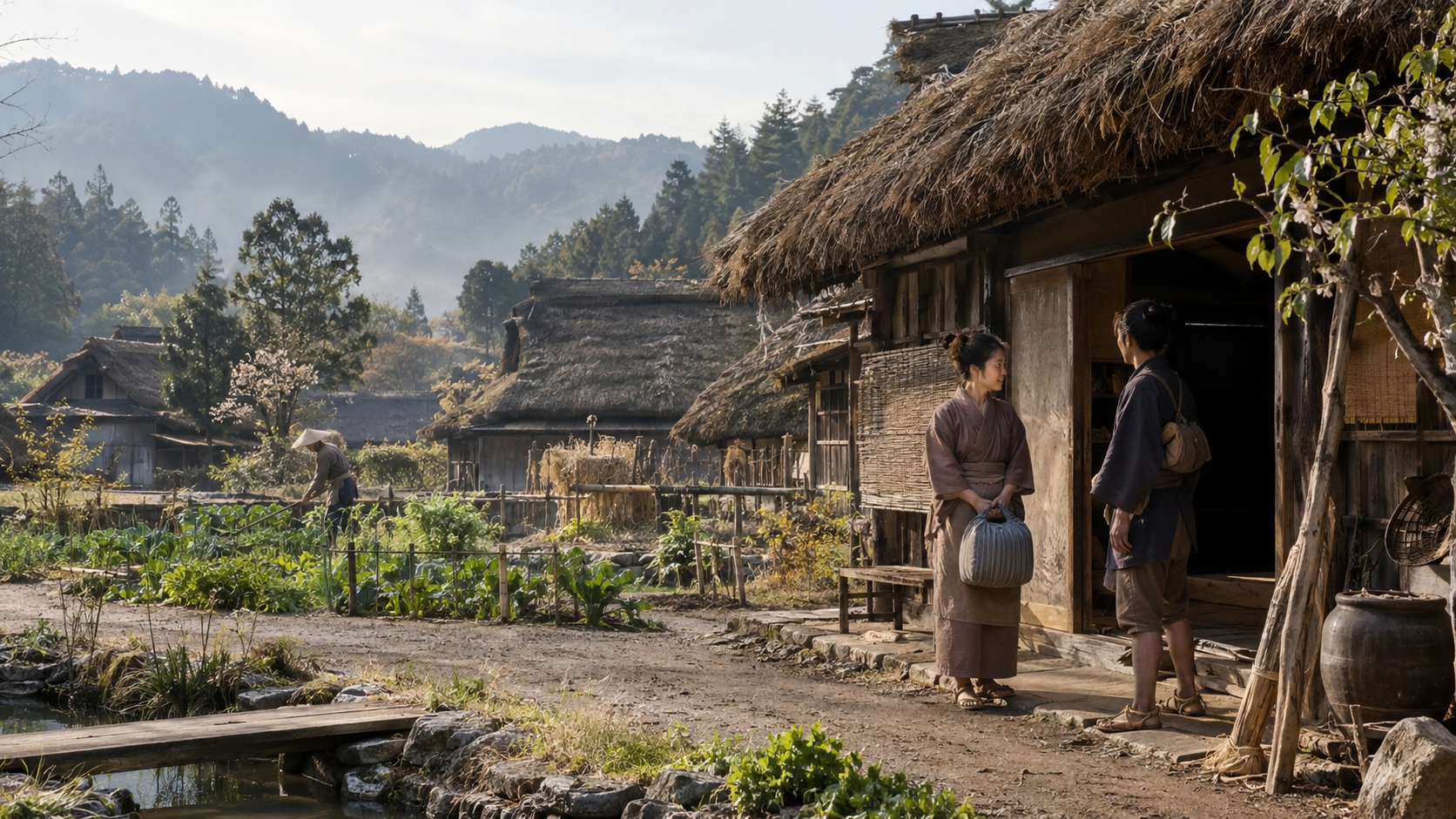 Imagined people with travelling bundles outside a thatched rural house