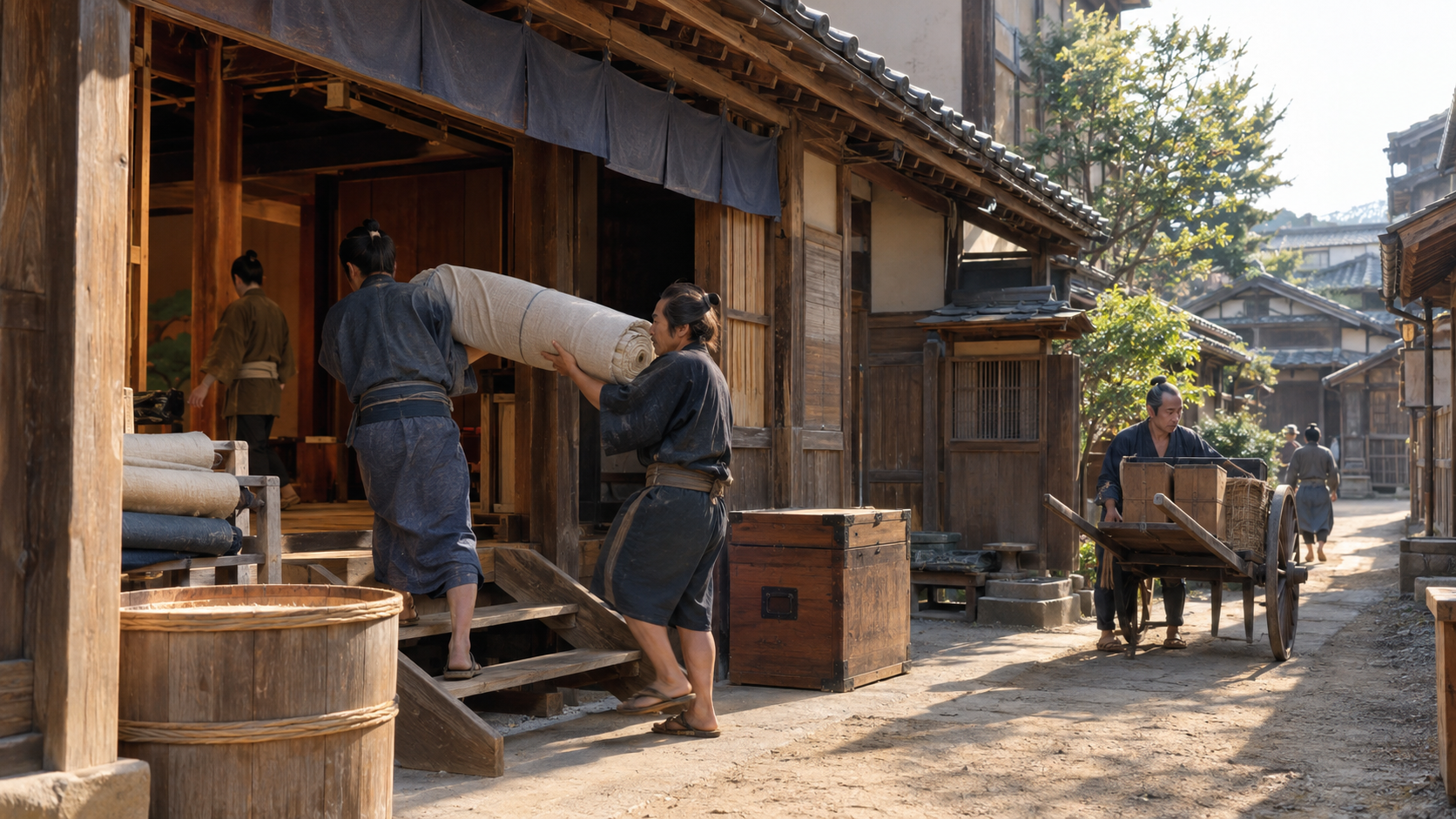 Imagined people carrying fabric and equipment beside a timber theatre-like building