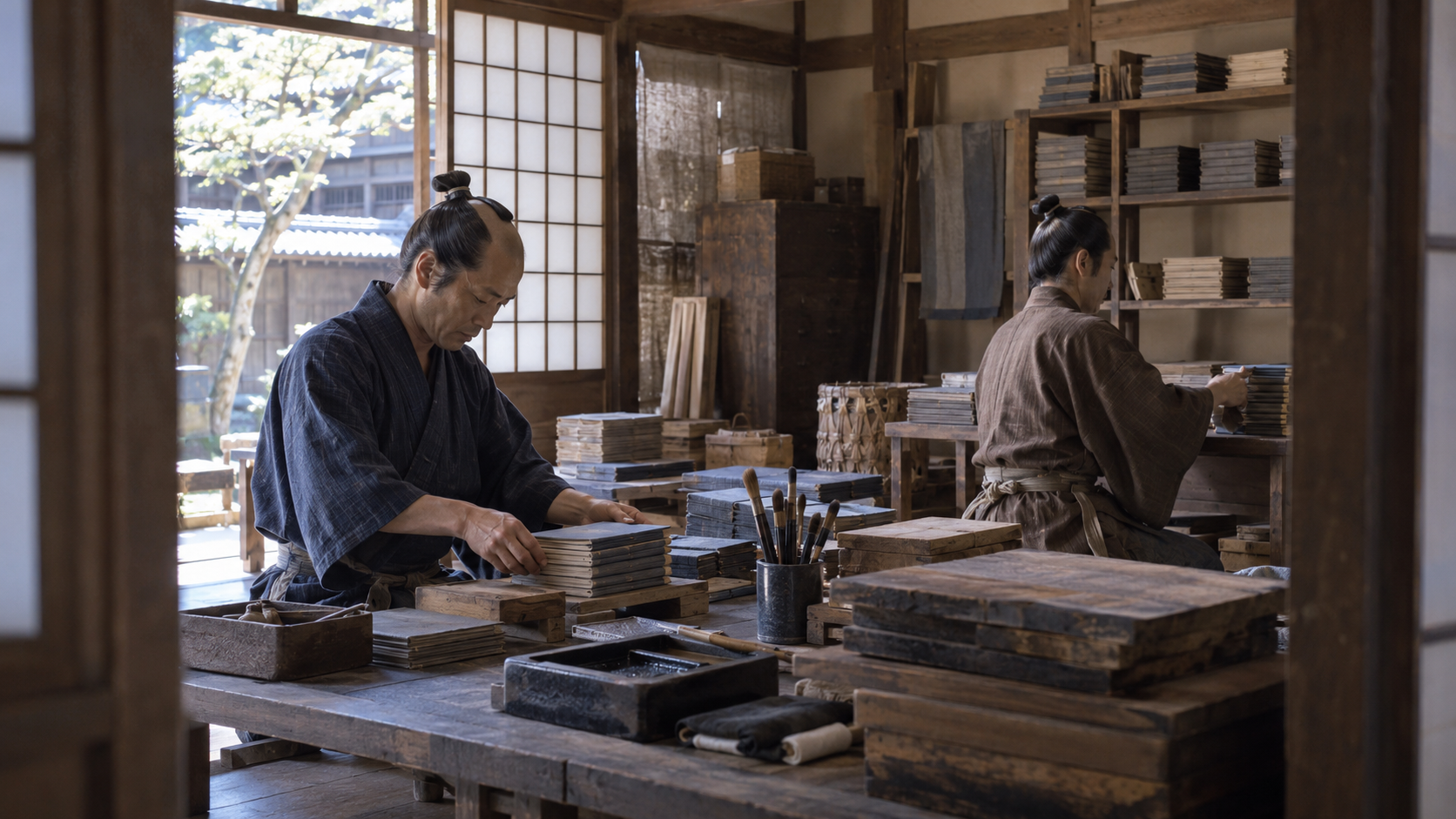 Imagined workers in a bookmaking workshop with woodblocks and closed books