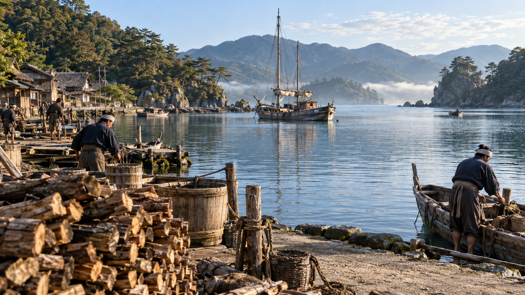 Imagined shore with firewood and water tubs and a wooden sailing vessel in the bay