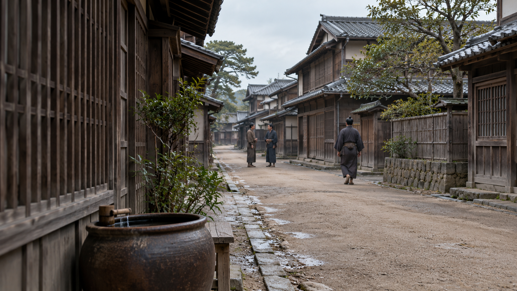 Imagined townspeople conversing in a quiet lane as others pass