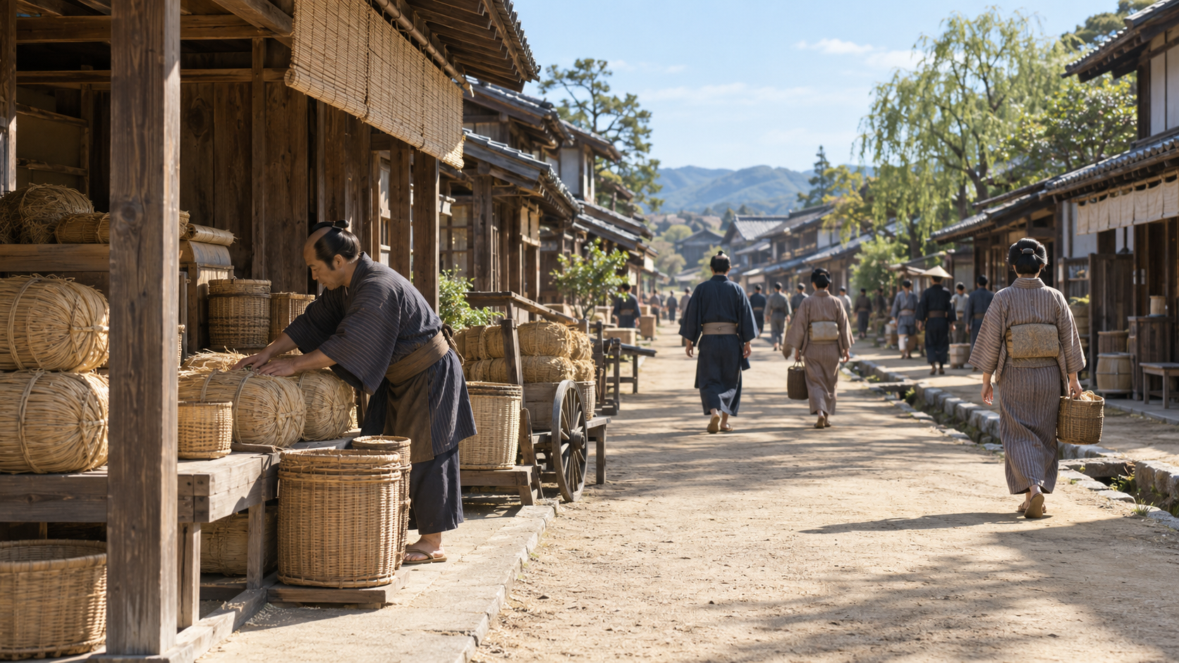Imagined merchants arranging bales and baskets as townspeople walk along a morning street
