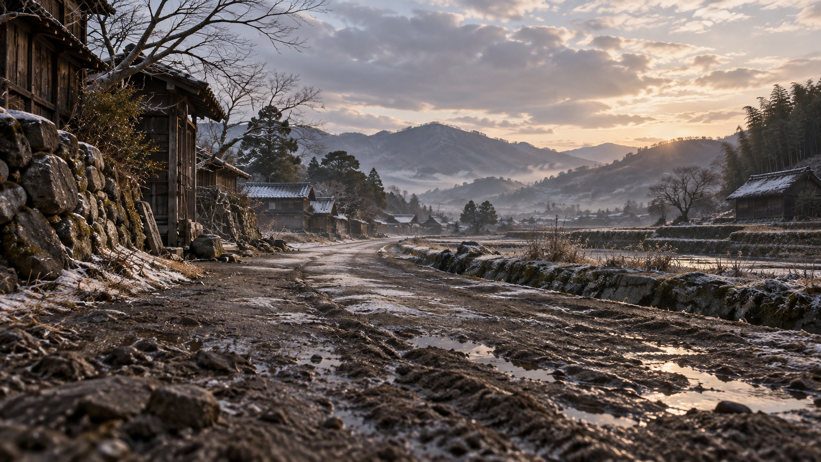 冬の土の街道と古い家屋を描いた概念風景