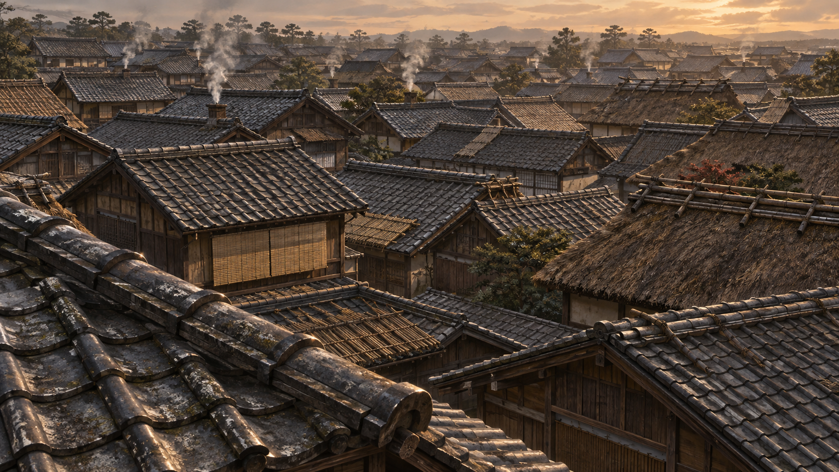 古い瓦屋根が重なる町並みの概念風景