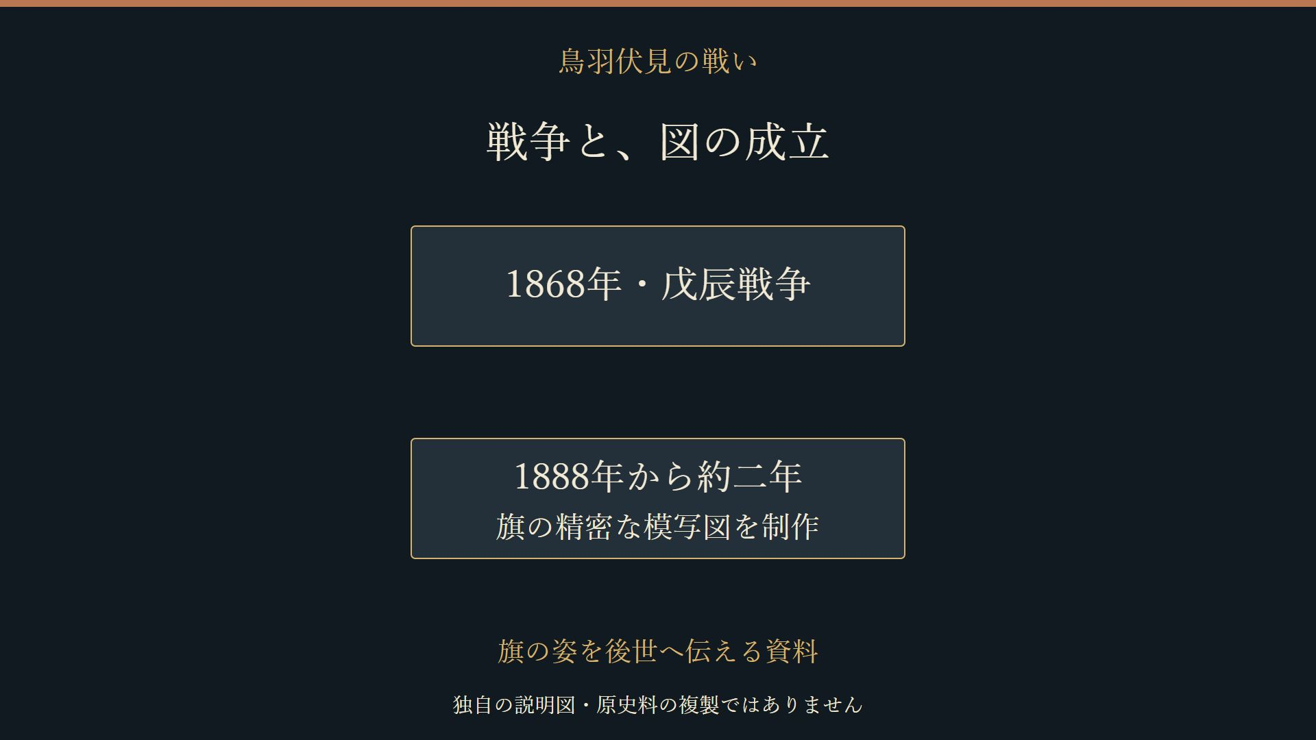 1868年の戦争と1888年から制作された旗の模写図を分けた説明図