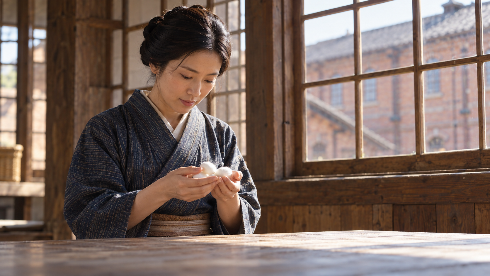 繭を手に見つめる和装の匿名の成人女性を、木枠の窓のそばに置いた創作情景