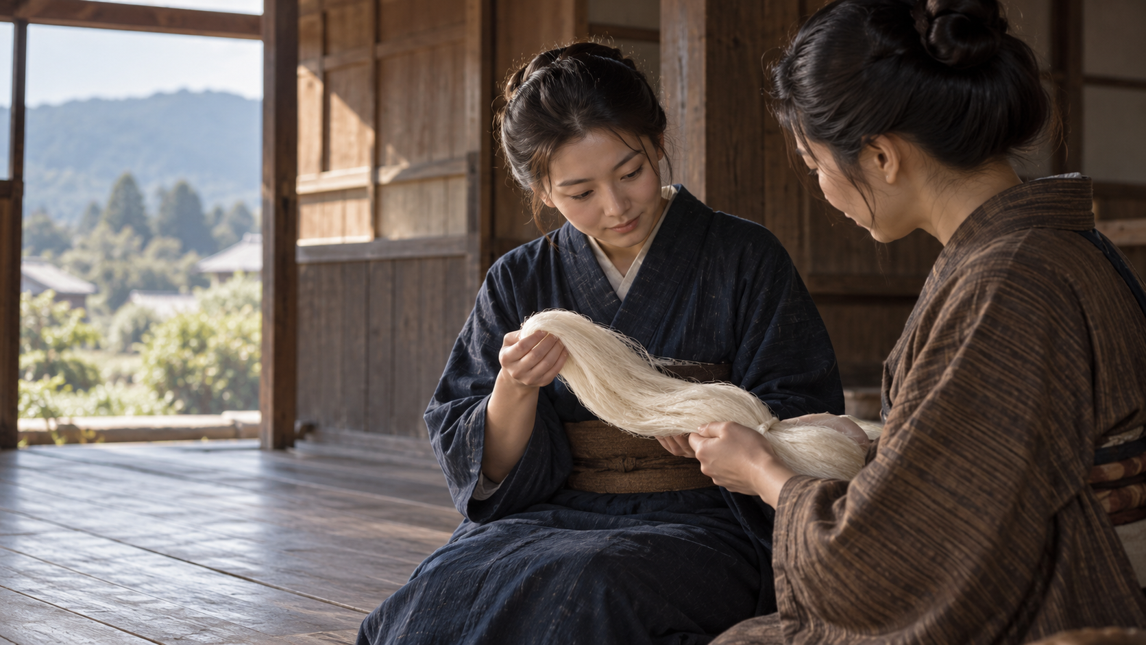 窓辺で糸束を一緒に見る和装の匿名の成人女性二人の創作情景
