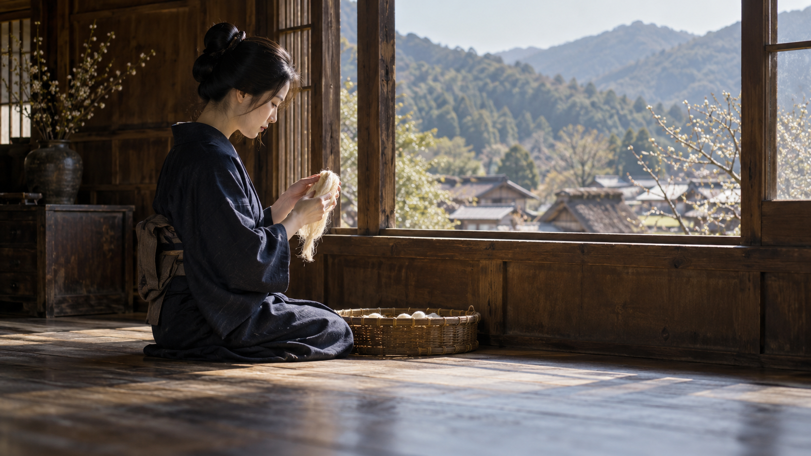 木造の部屋の窓辺で糸束を見つめる和装の匿名の成人女性の創作情景