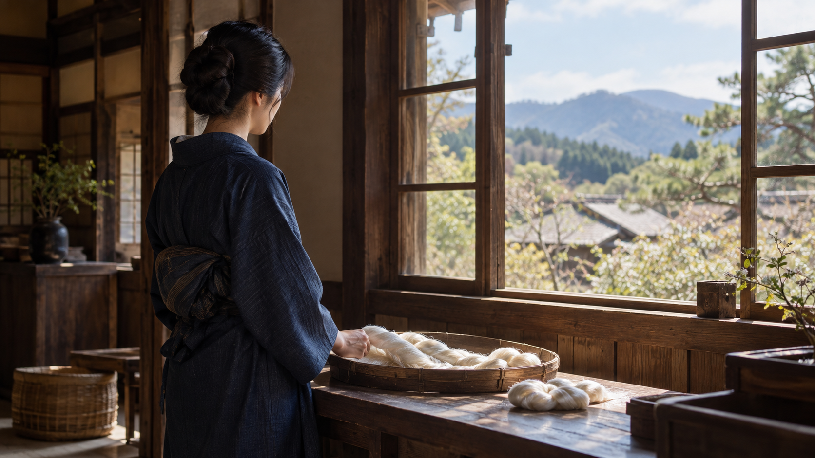 繭と糸束のある机に向かう和装の匿名の成人女性の後ろ姿の創作情景