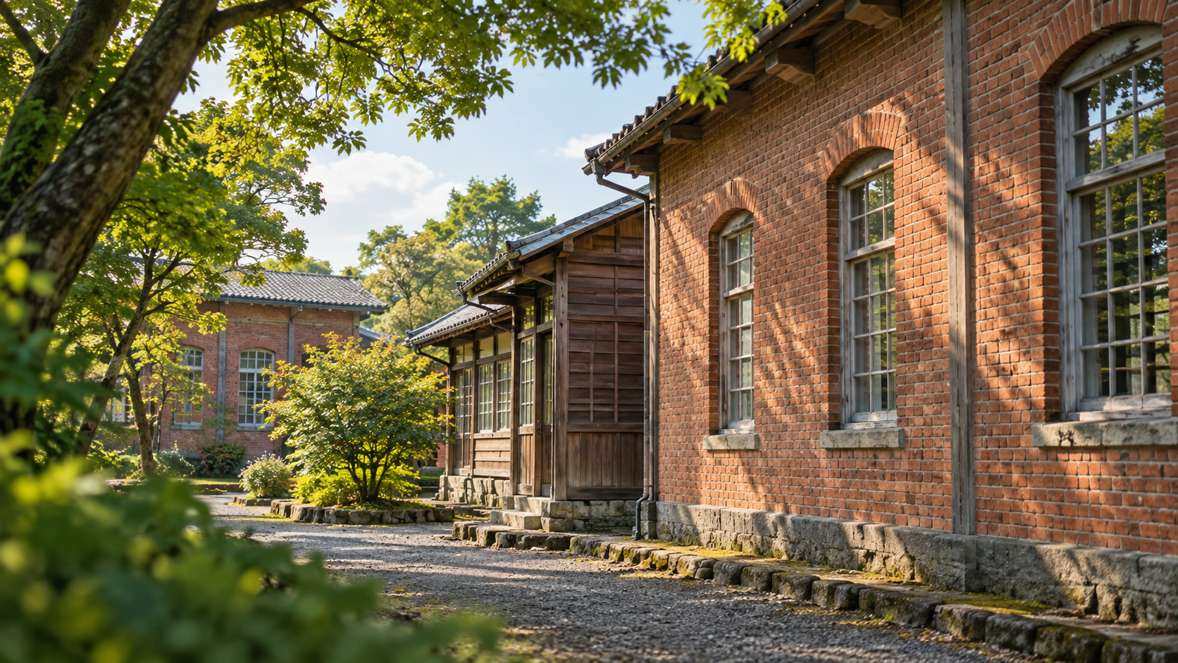 木々のある庭に煉瓦と木の建物を置いた無名の創作景観